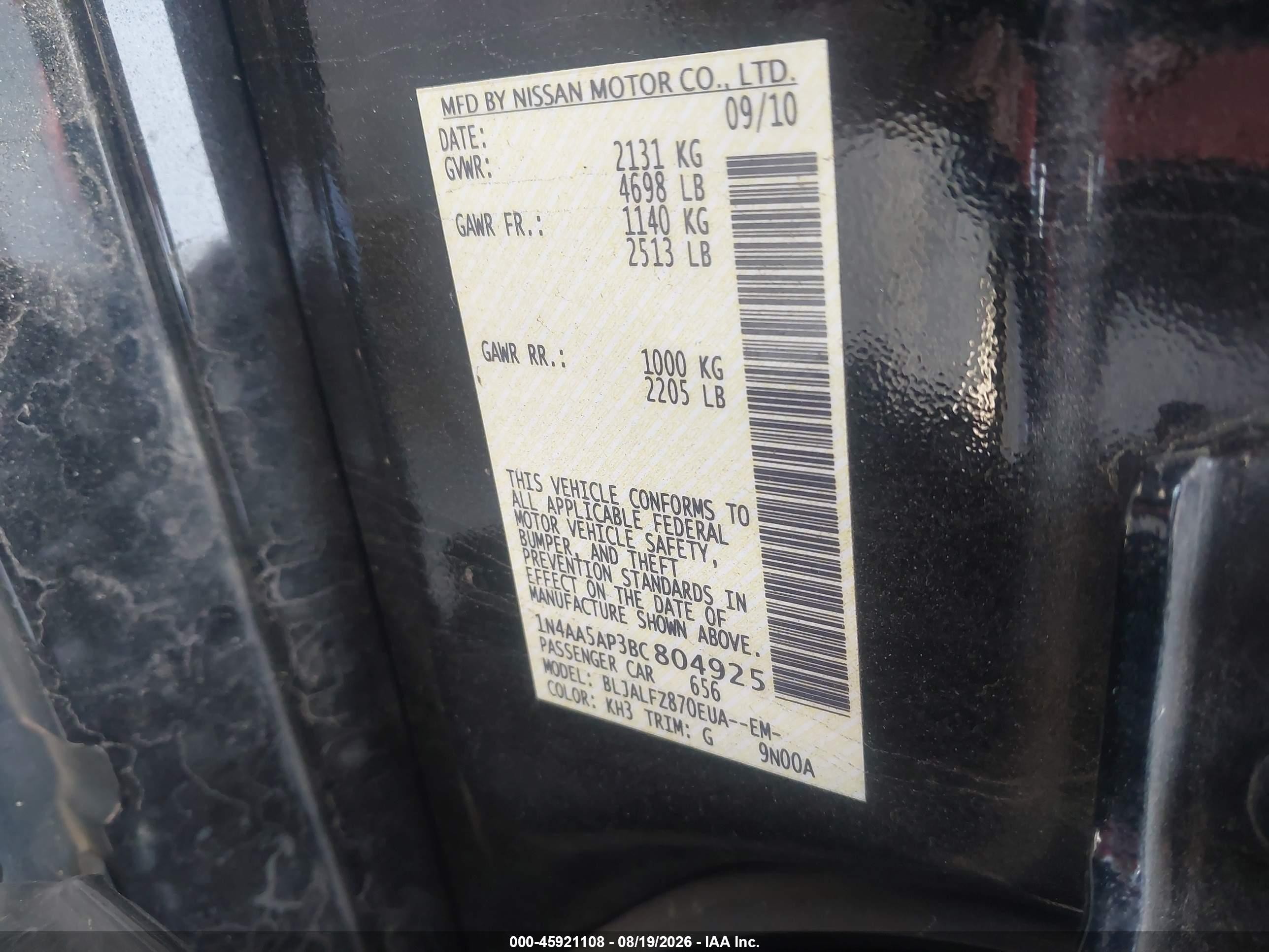 2011 Nissan Maxima 3.5 Sv Black vin: 1N4AA5AP3BC804925