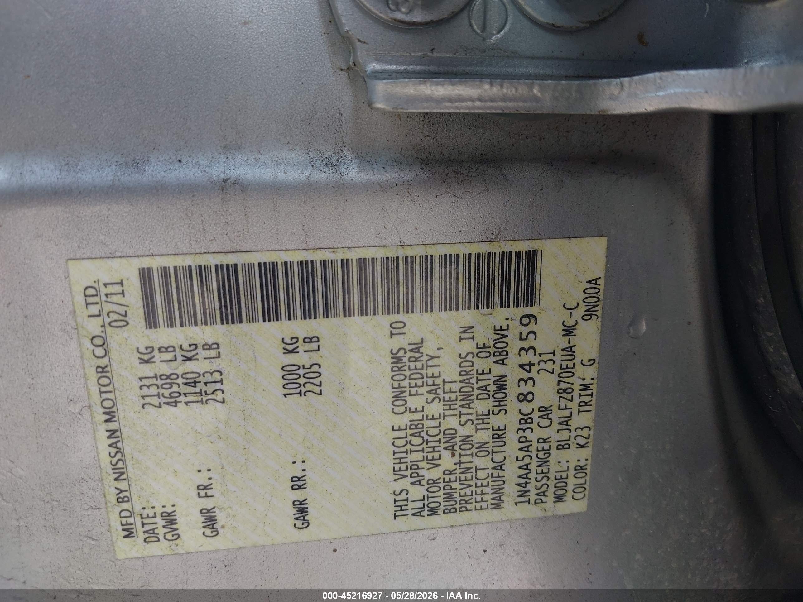 2011 Nissan Maxima 3.5 Sv Silver vin: 1N4AA5AP3BC834359