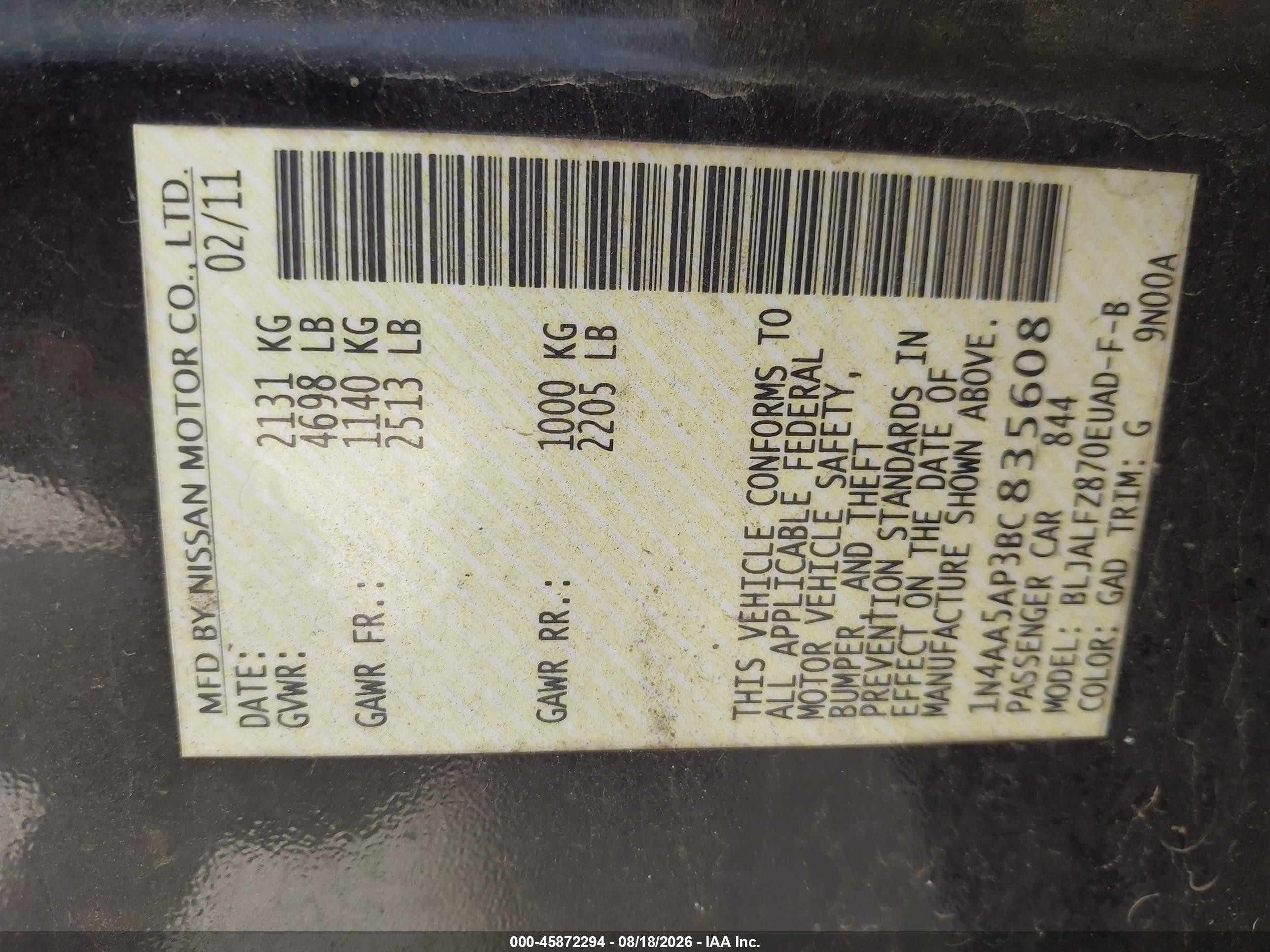 2011 Nissan Maxima 3.5 Sv Purple vin: 1N4AA5AP3BC835608