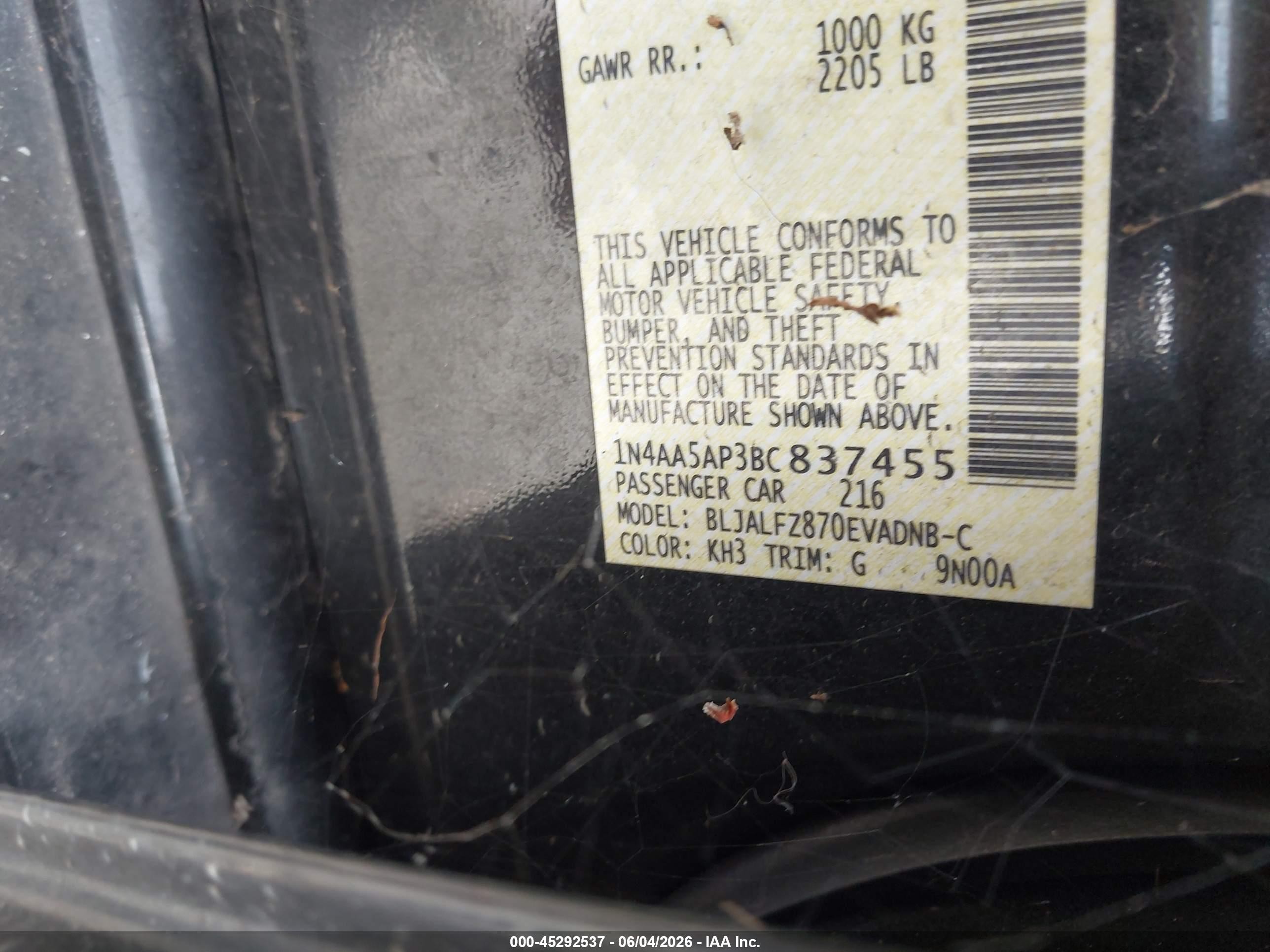 2011 Nissan Maxima 3.5 Sv Black vin: 1N4AA5AP3BC837455