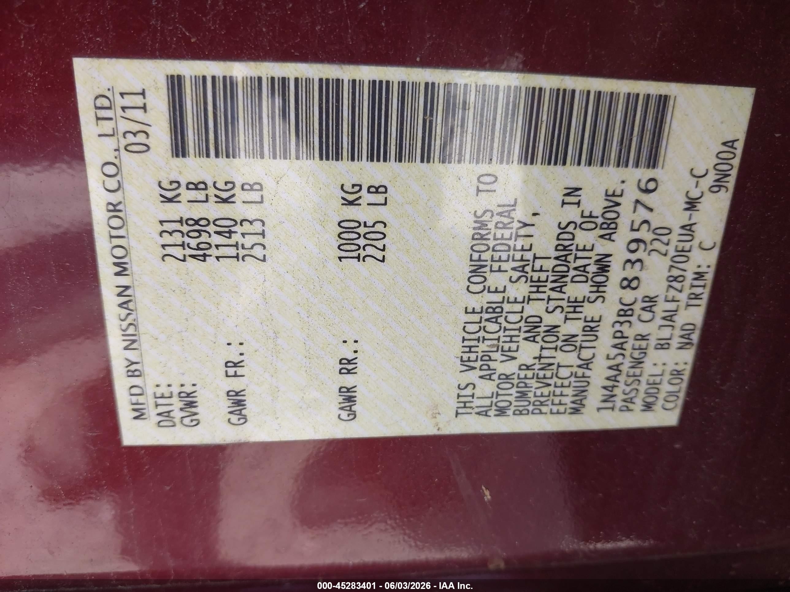 2011 Nissan Maxima 3.5 Sv Burgundy vin: 1N4AA5AP3BC839576