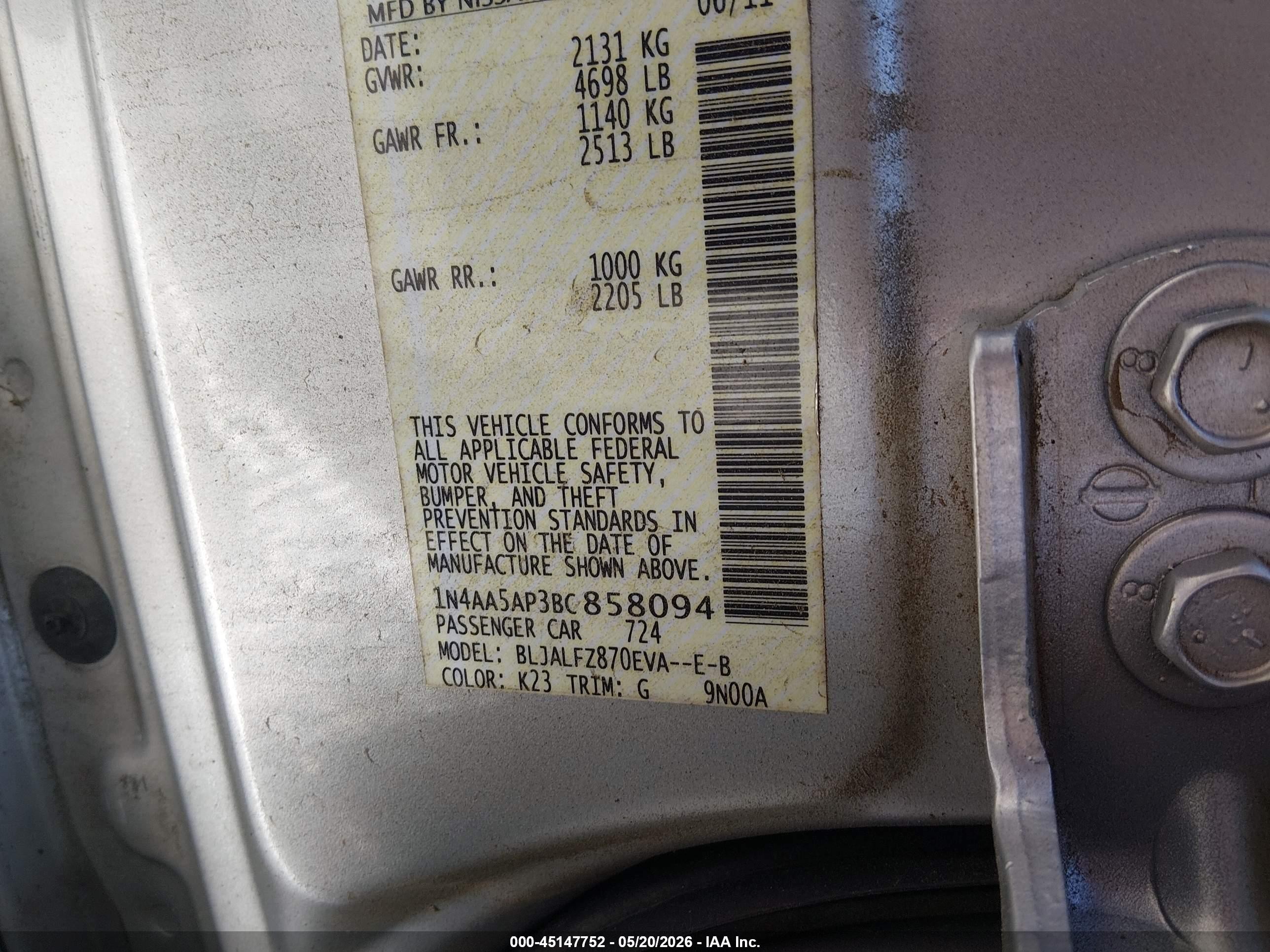 2011 Nissan Maxima 3.5 Sv Gray vin: 1N4AA5AP3BC858094