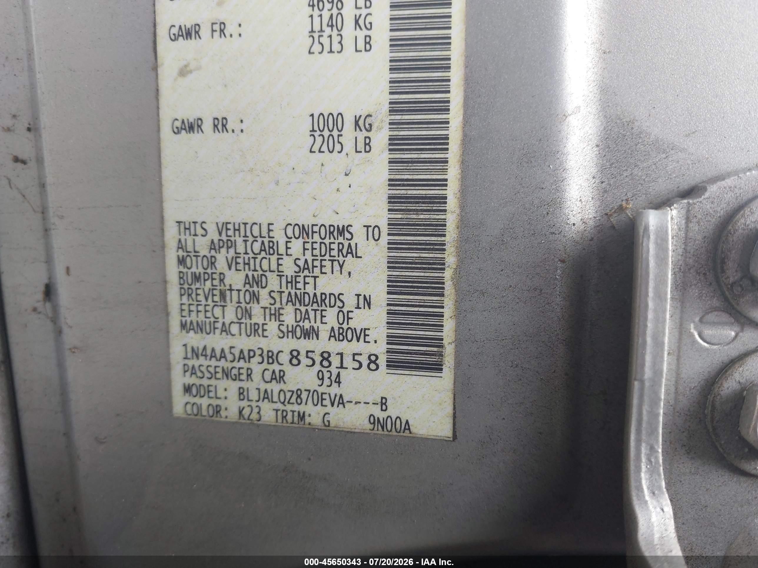 2011 Nissan Maxima 3.5 S Silver vin: 1N4AA5AP3BC858158