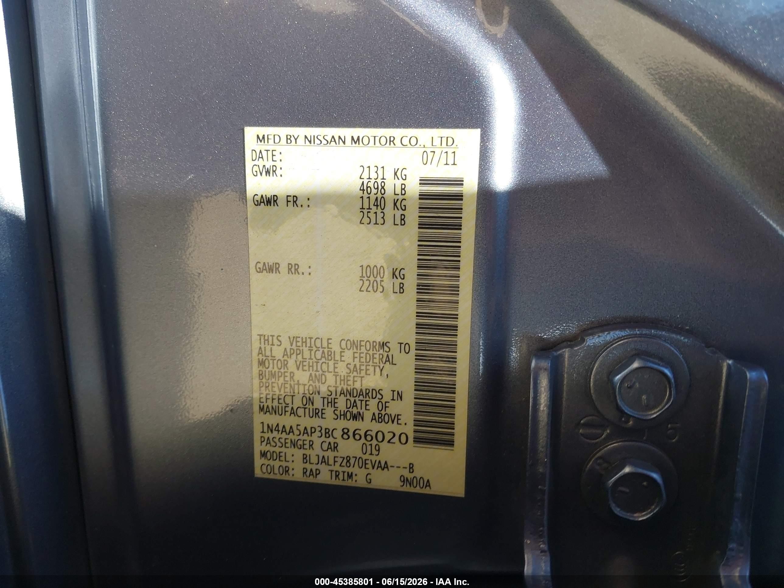 2011 Nissan Maxima 3.5 Sv Light Blue vin: 1N4AA5AP3BC866020
