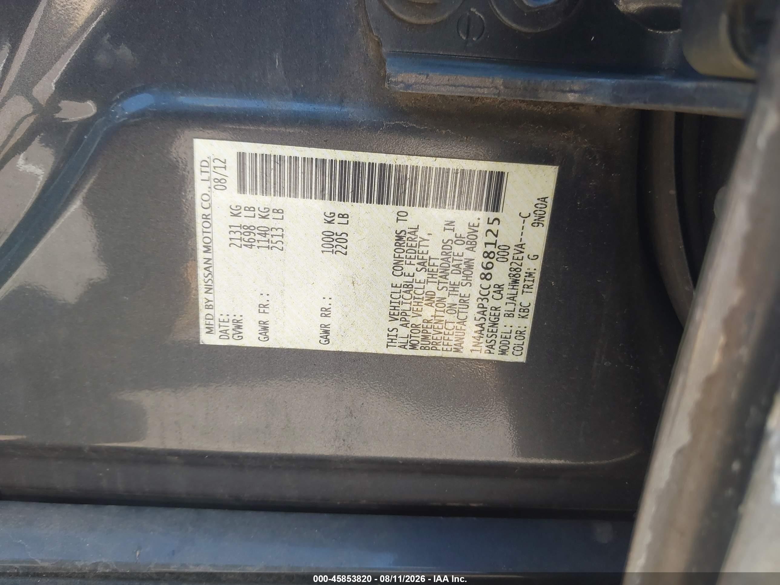 2012 Nissan Maxima 3.5 Sv Gray vin: 1N4AA5AP3CC868125