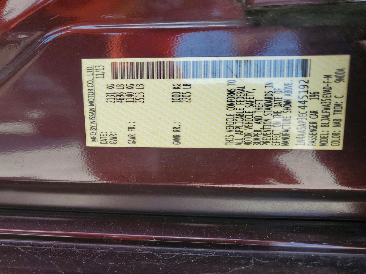 2014 Nissan Maxima 3.5 S Burgundy vin: 1N4AA5AP3EC445192