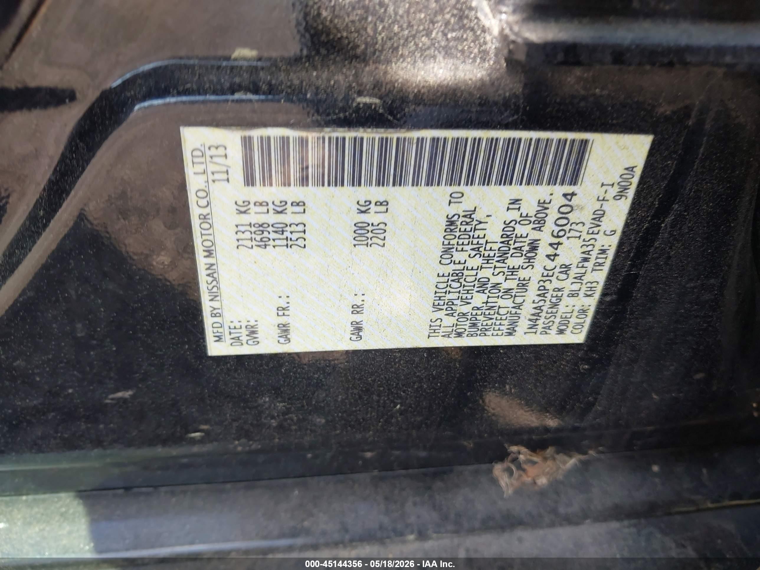 2014 Nissan Maxima 3.5 Sv Black vin: 1N4AA5AP3EC446004