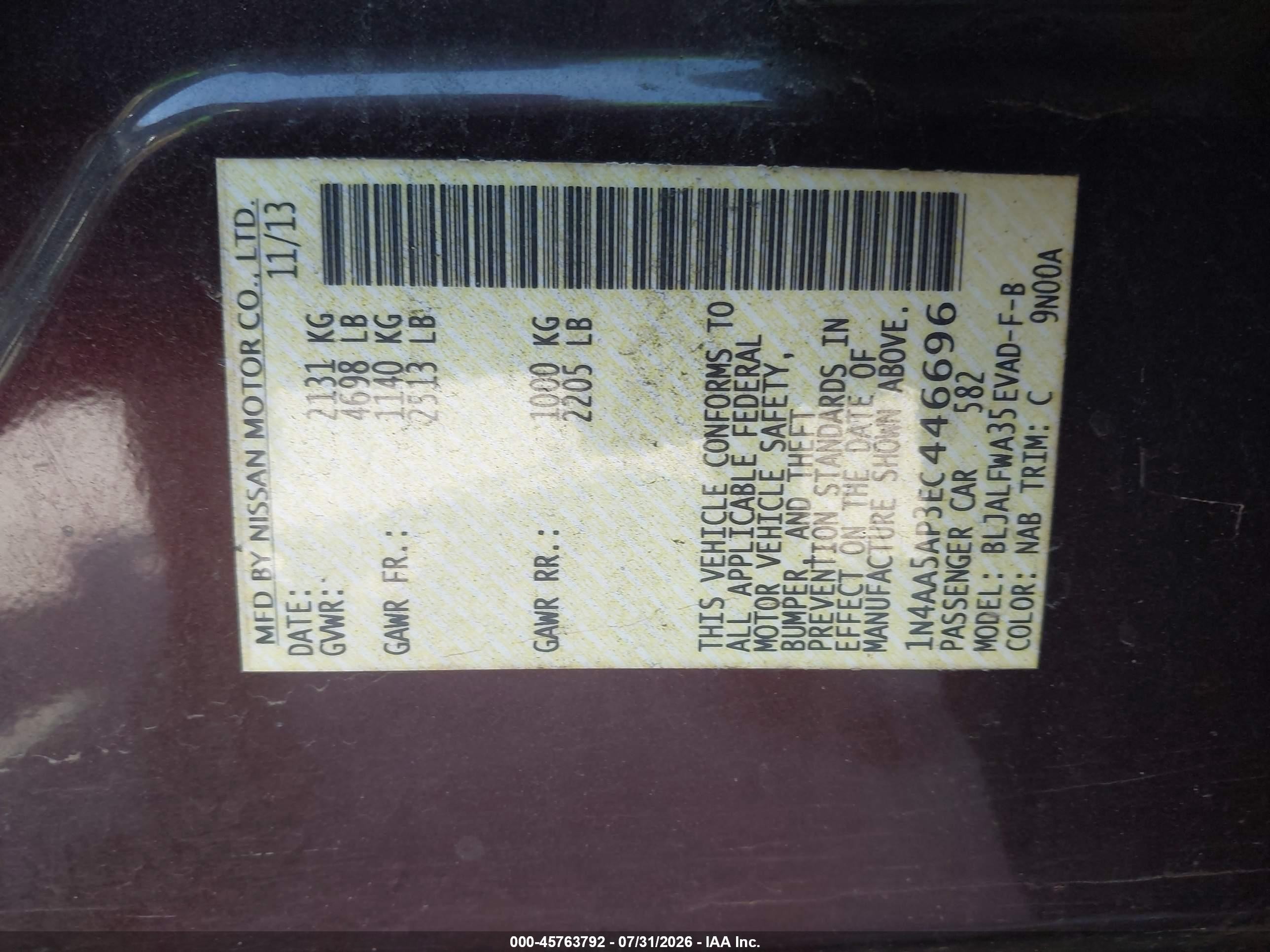 2014 Nissan Maxima 3.5 Sv Purple vin: 1N4AA5AP3EC446696