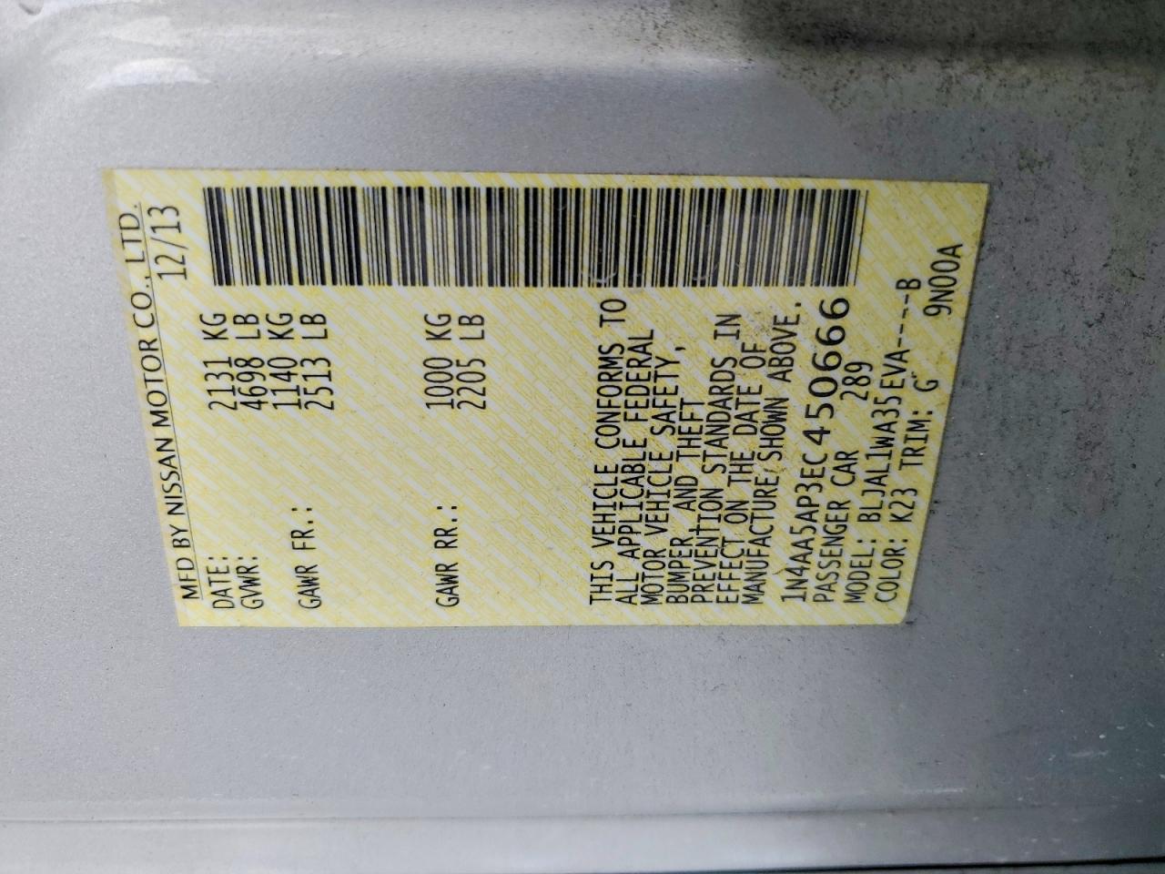 2014 Nissan Maxima 3.5 Sv Silver vin: 1N4AA5AP3EC450666