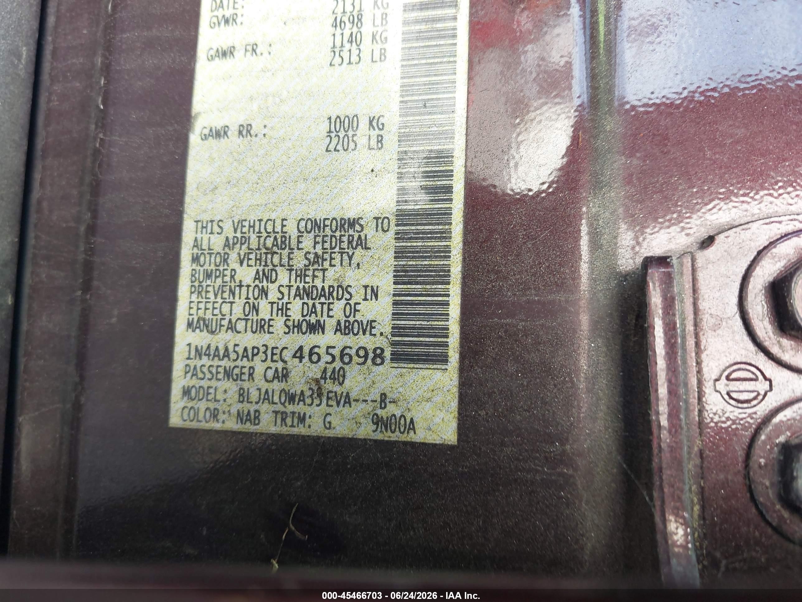 2014 Nissan Maxima 3.5 S/3.5 Sv Burgundy vin: 1N4AA5AP3EC465698