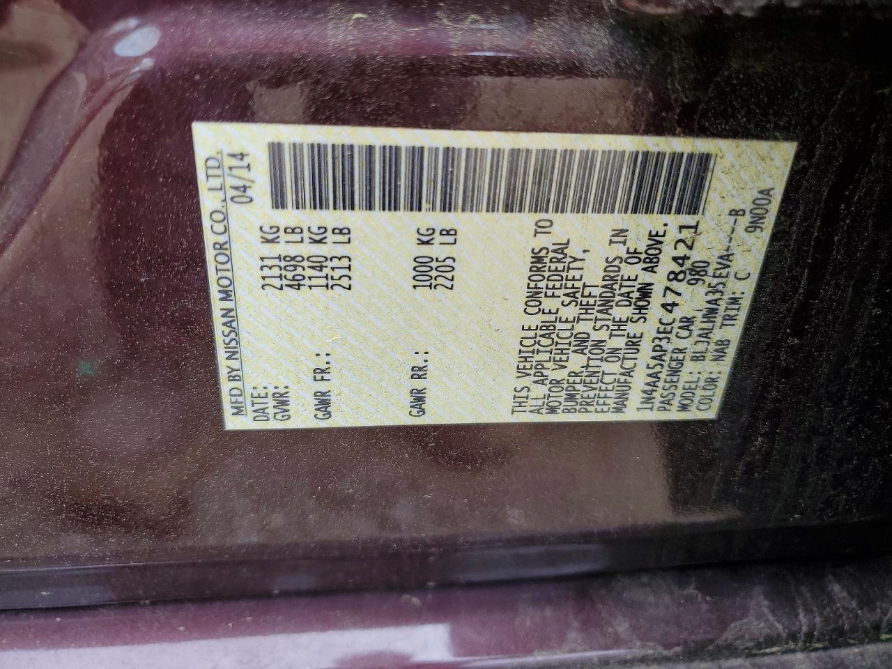 2014 Nissan Maxima 3.5 S/sv Burgundy vin: 1N4AA5AP3EC478421