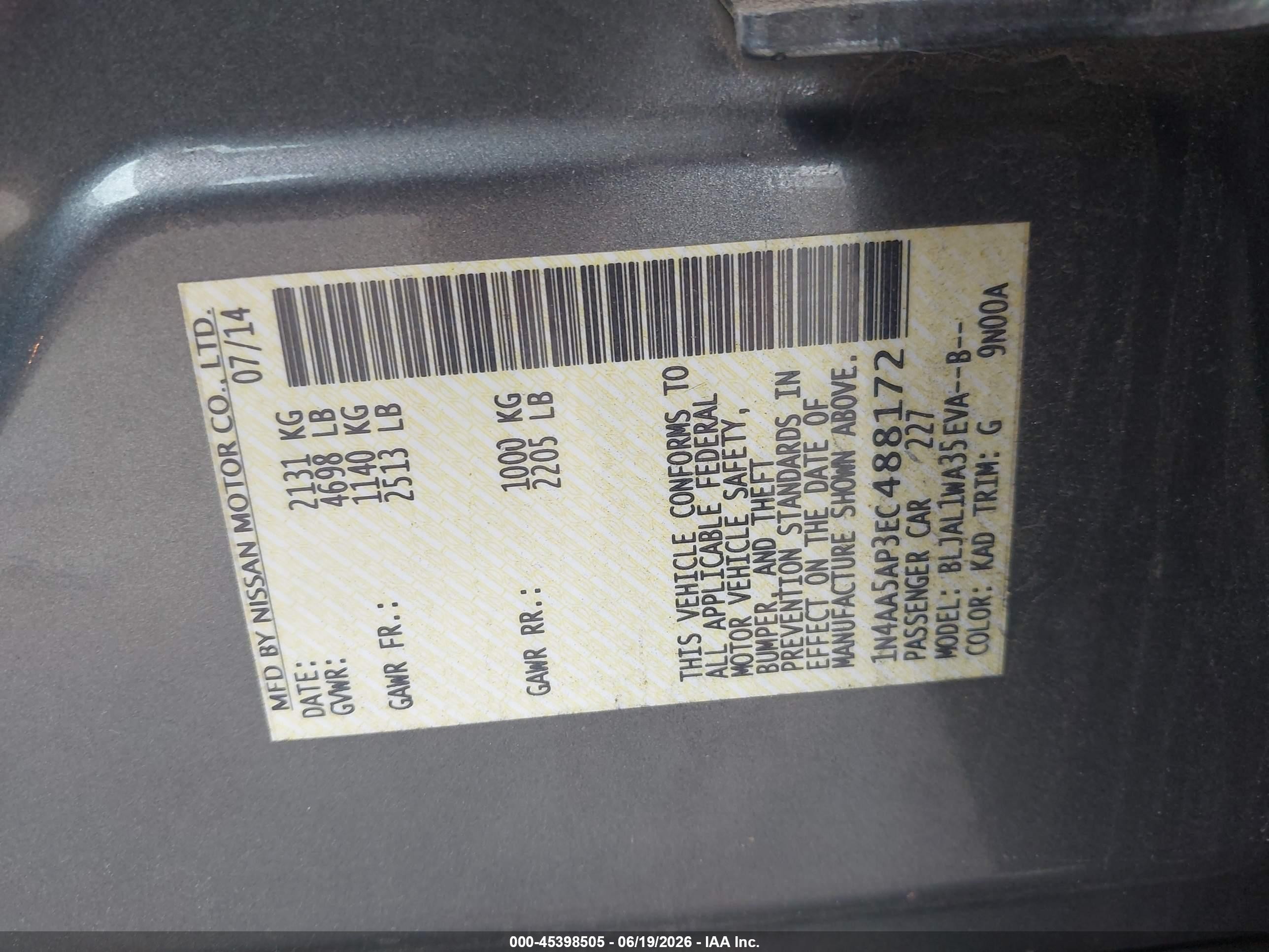 2014 Nissan Maxima 3.5 Sv Gray vin: 1N4AA5AP3EC488172