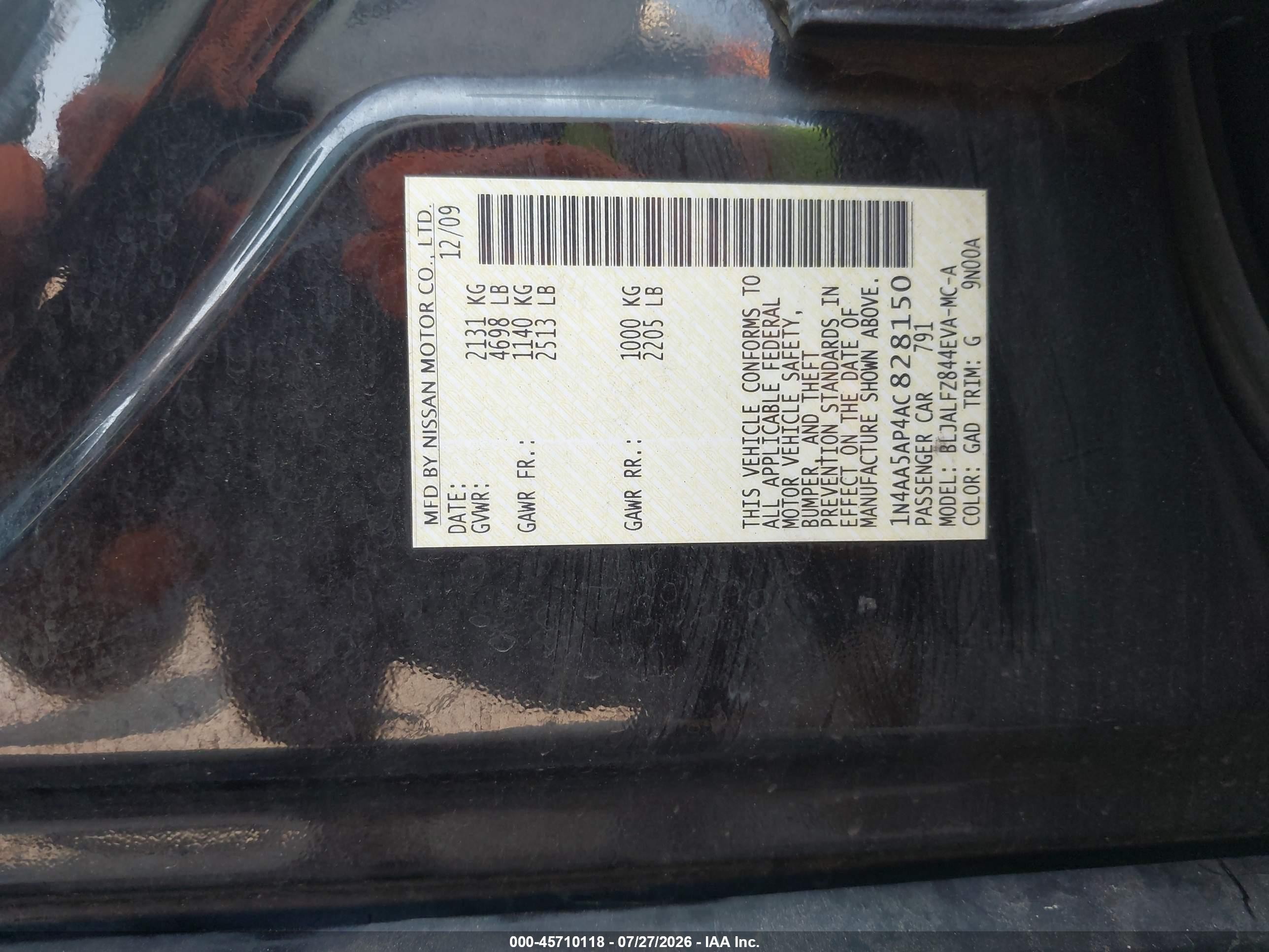 2010 Nissan Maxima 3.5 Sv Black vin: 1N4AA5AP4AC828150