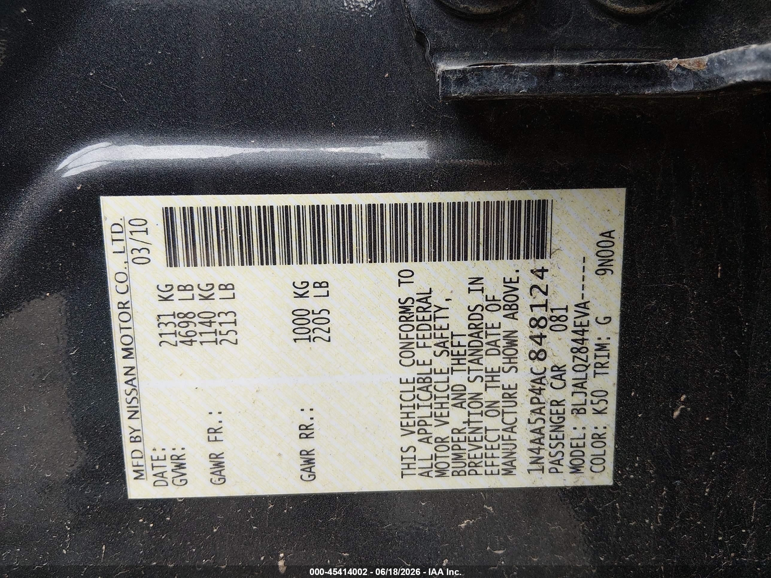 2010 Nissan Maxima 3.5 S Gray vin: 1N4AA5AP4AC848124