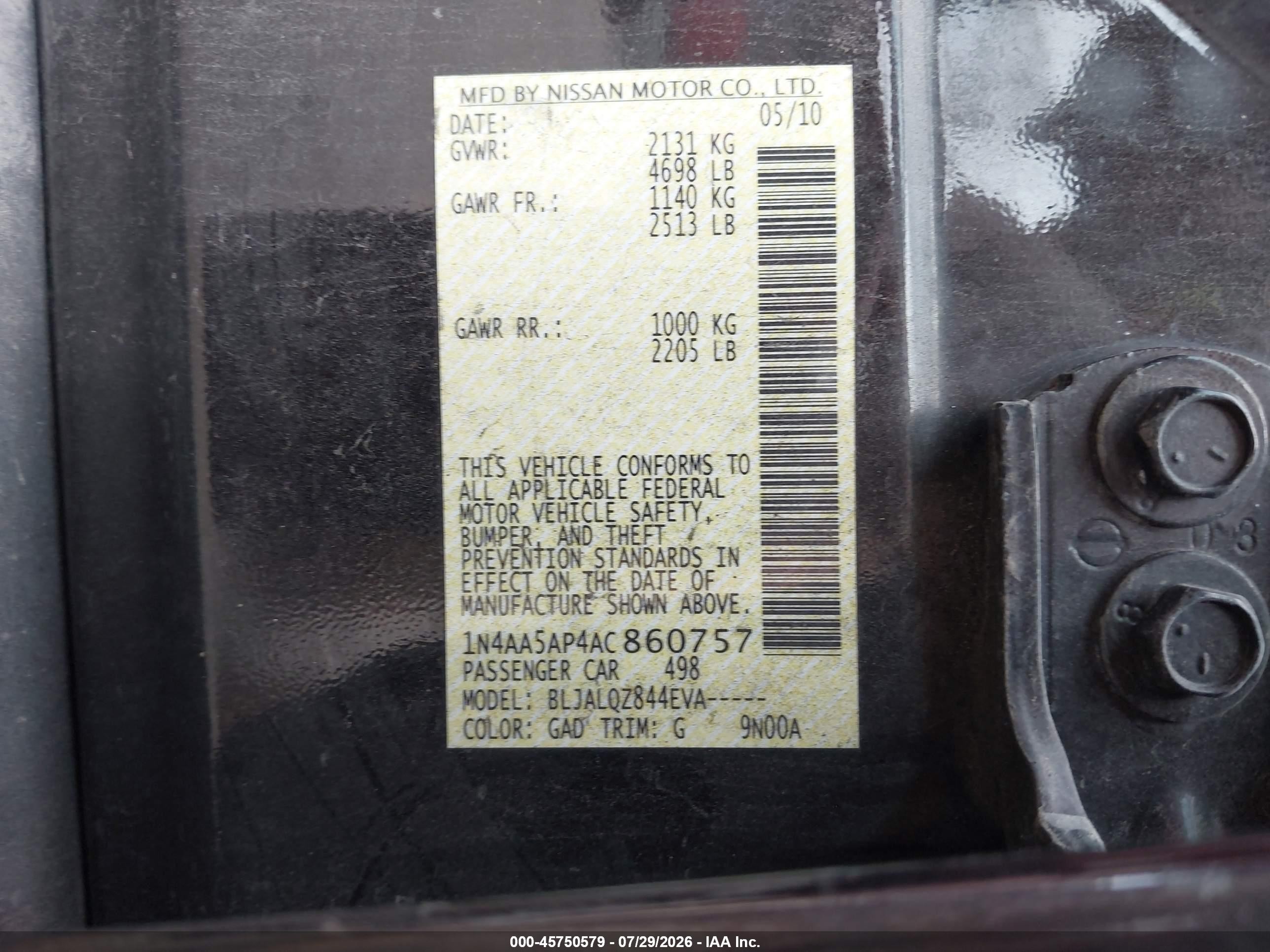 2010 Nissan Maxima 3.5 S Purple vin: 1N4AA5AP4AC860757
