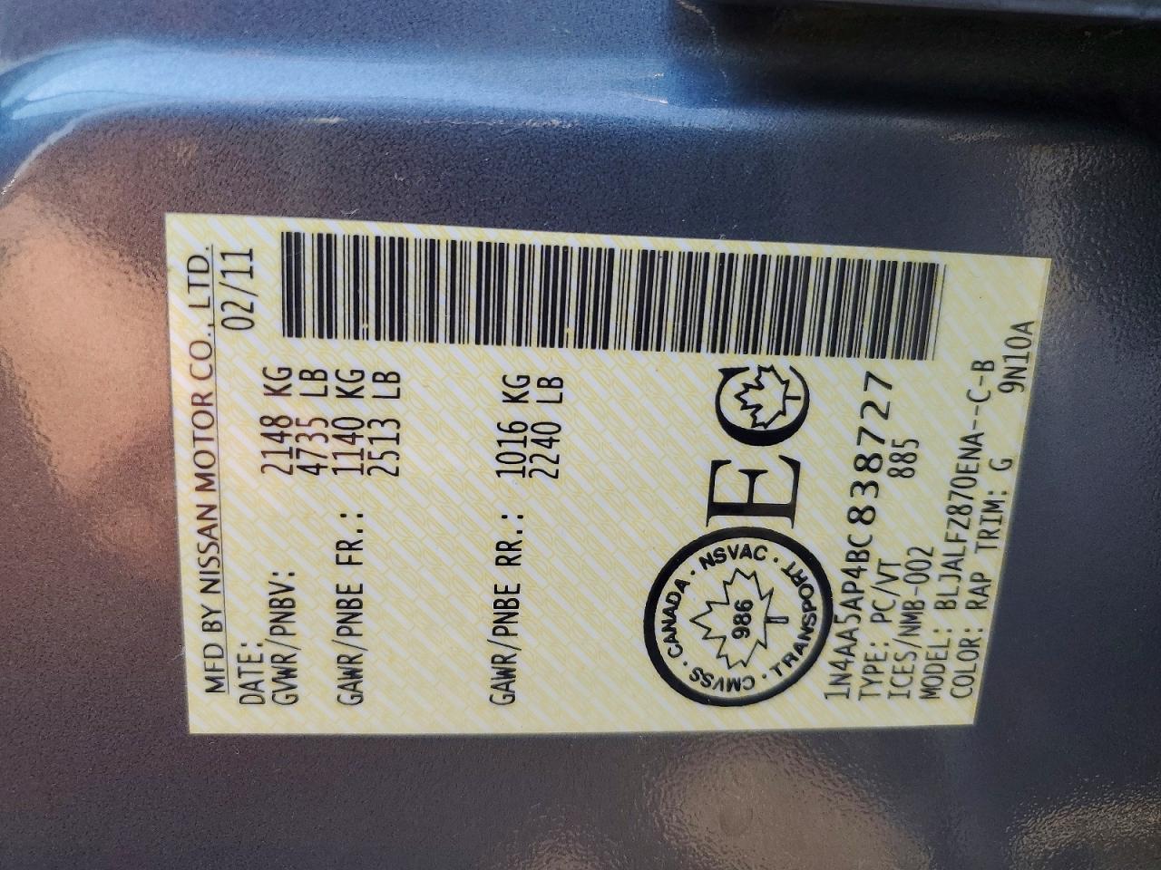 2011 Nissan Maxima 3.5 S Blue vin: 1N4AA5AP4BC838727