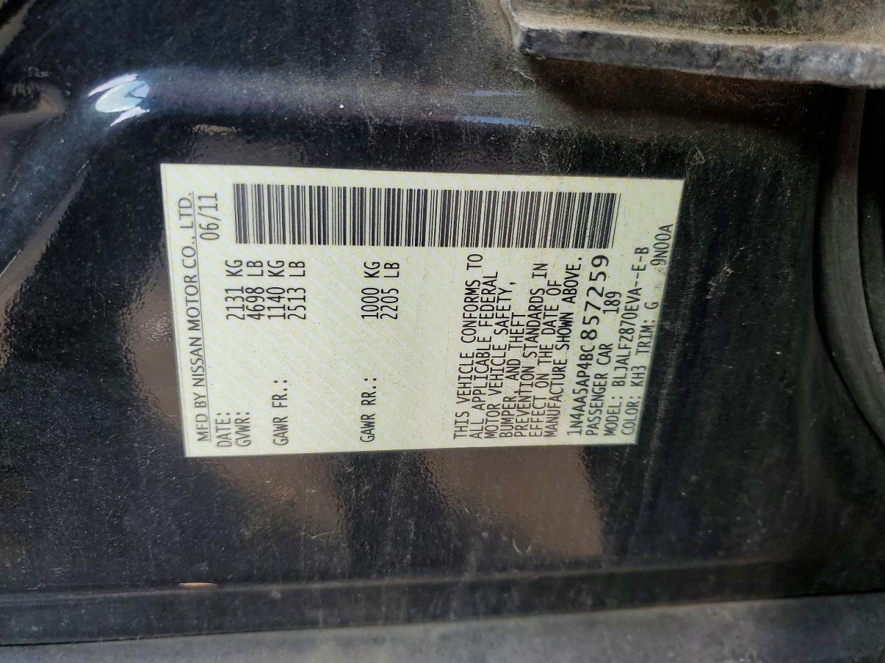 2011 Nissan Maxima 3.5 S Black vin: 1N4AA5AP4BC857259