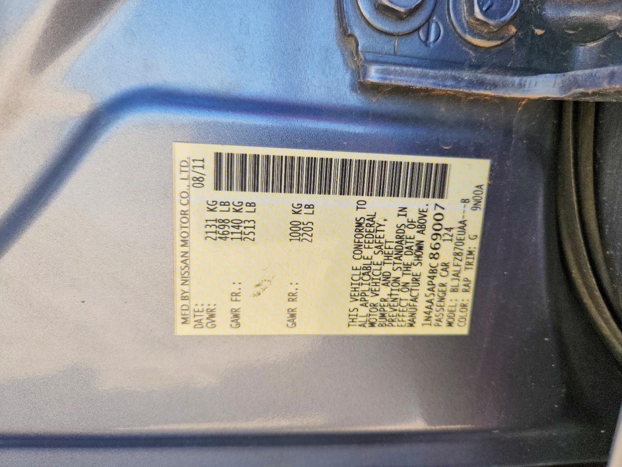 2011 Nissan Maxima 3.5 S Blue vin: 1N4AA5AP4BC869007