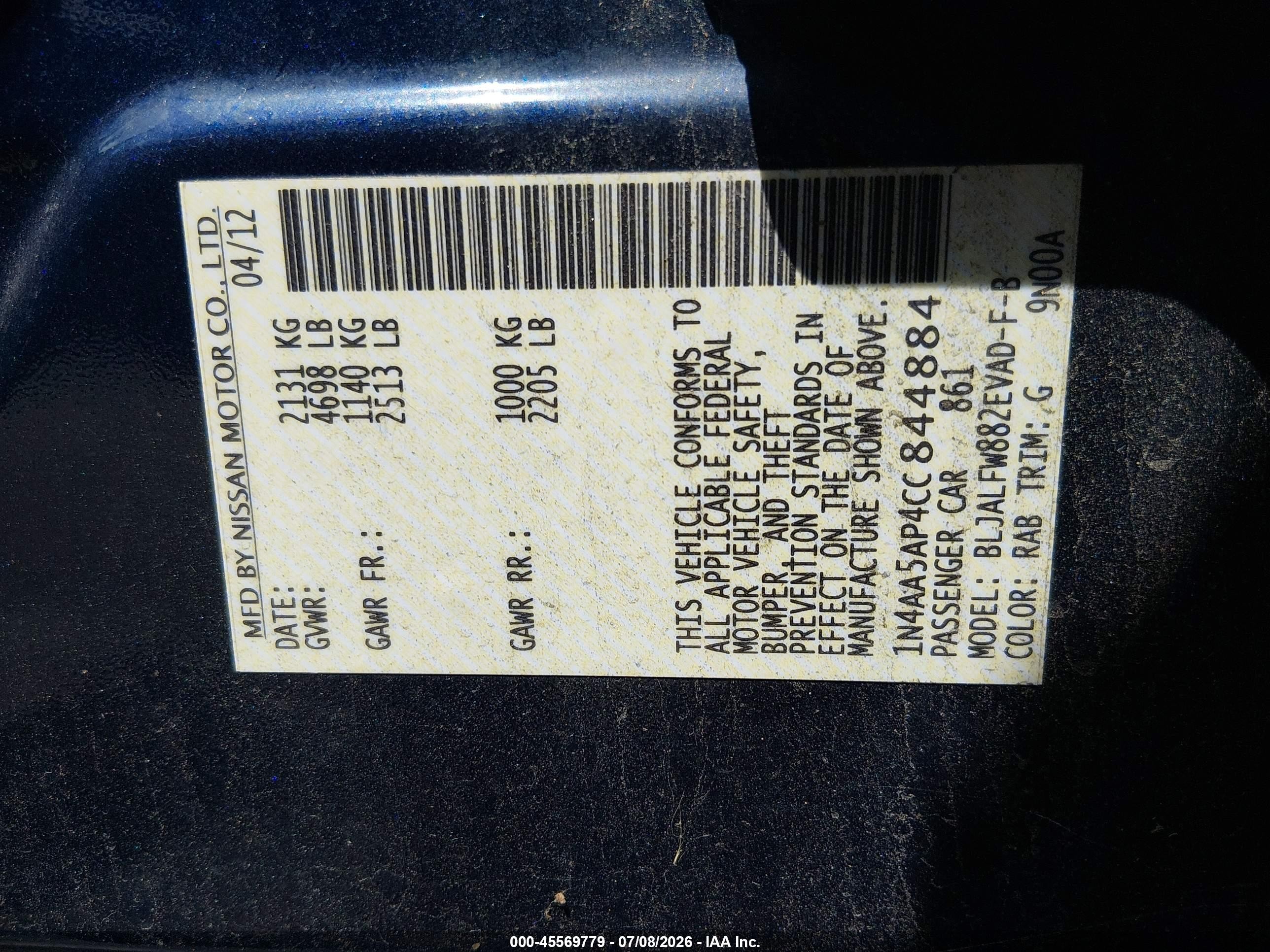 2012 Nissan Maxima 3.5 Sv Blue vin: 1N4AA5AP4CC844884