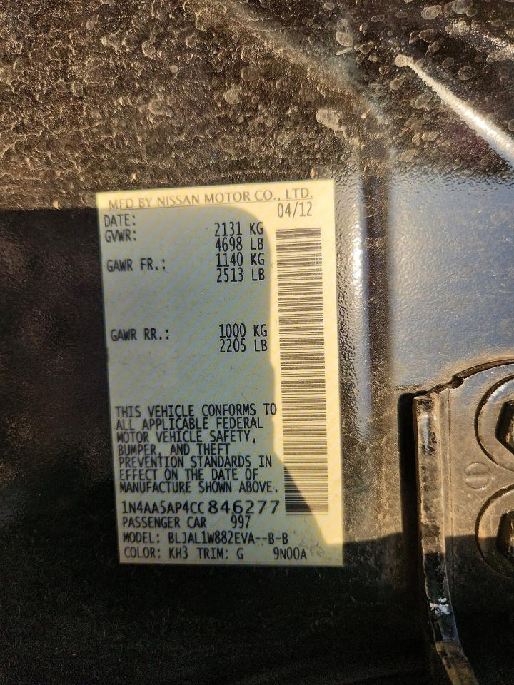 2012 Nissan Maxima 3.5 S Black vin: 1N4AA5AP4CC846277