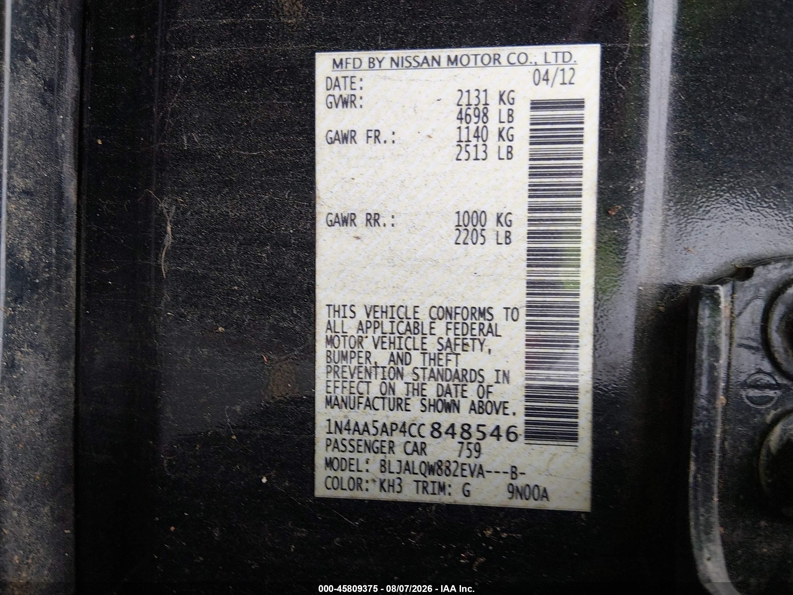 2012 Nissan Maxima 3.5 S Black vin: 1N4AA5AP4CC848546