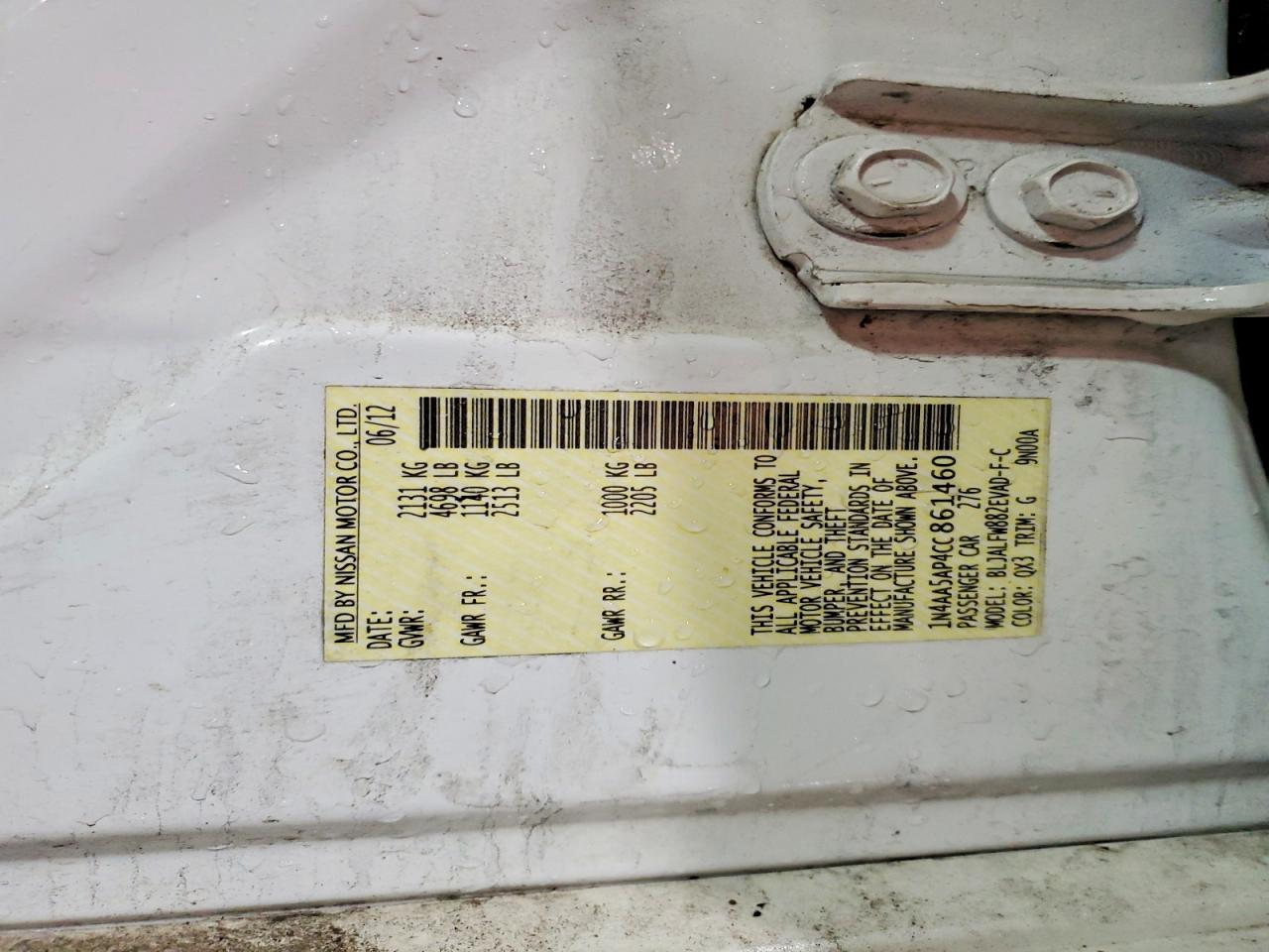 2012 Nissan Maxima 3.5 S Белый vin: 1N4AA5AP4CC861460