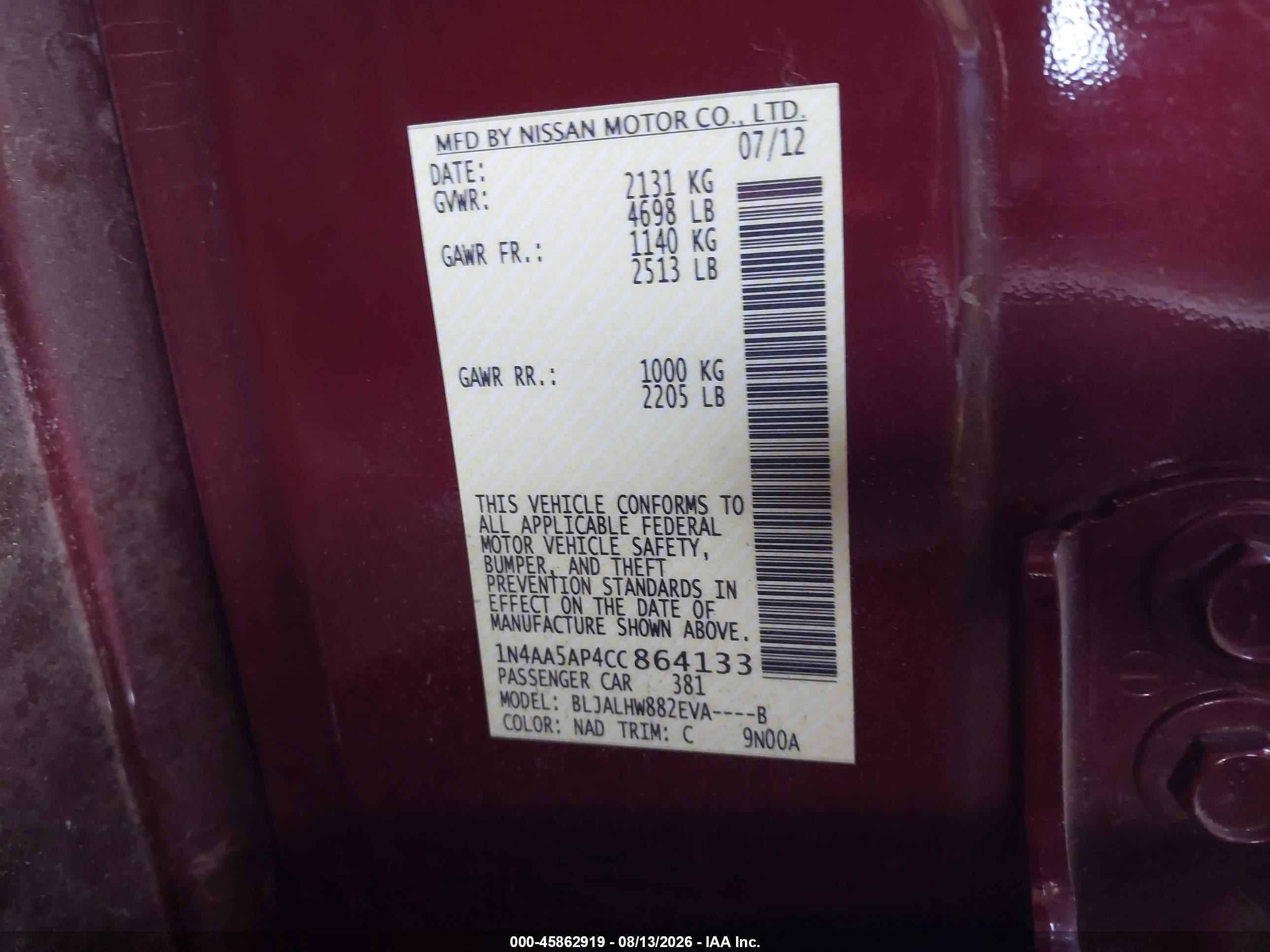 2012 Nissan Maxima 3.5 Sv Purple vin: 1N4AA5AP4CC864133