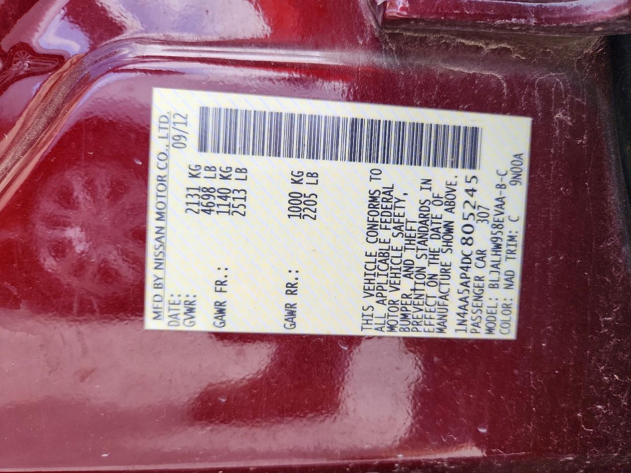 2013 Nissan Maxima 3.5 Sv Темно-бордовый vin: 1N4AA5AP4DC805245