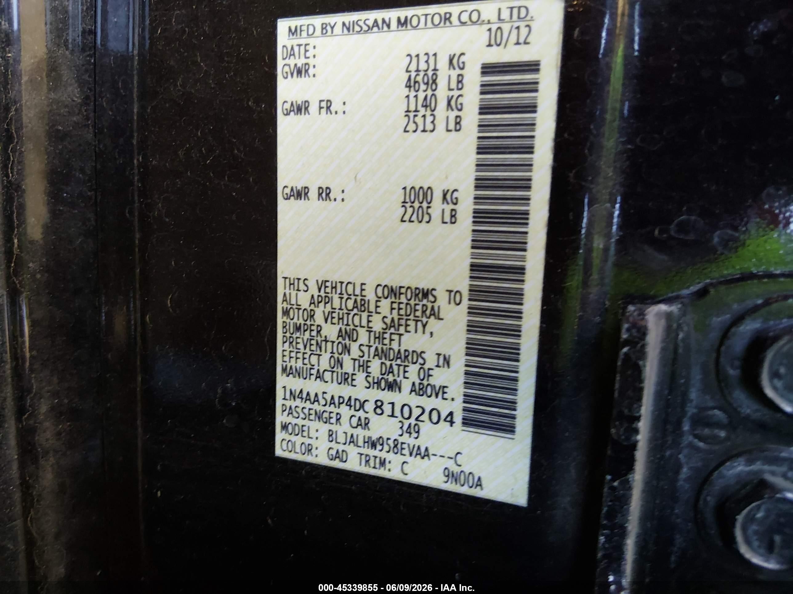 2013 Nissan Maxima 3.5 Sv Black vin: 1N4AA5AP4DC810204