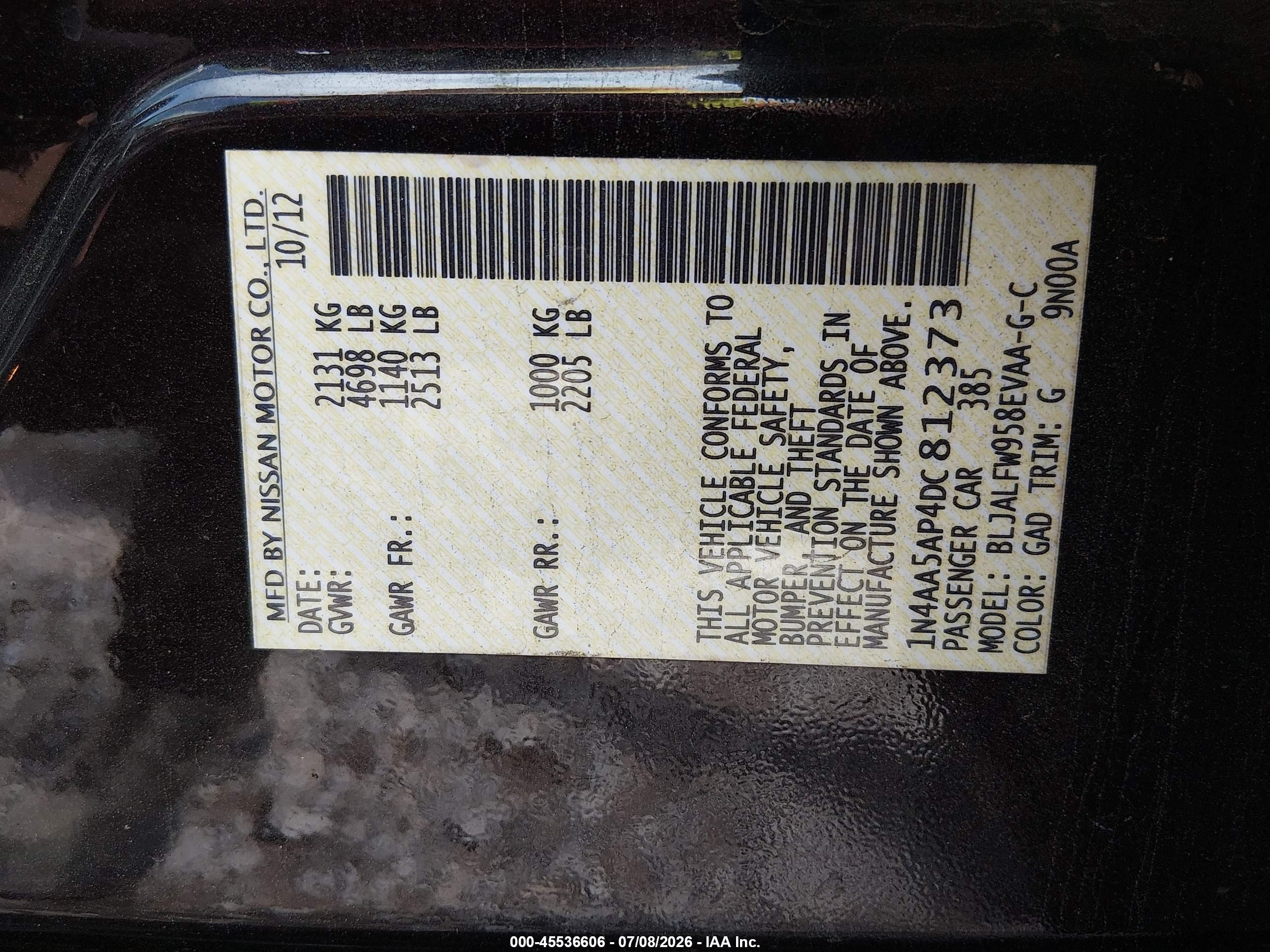 2013 Nissan Maxima 3.5 Sv Black vin: 1N4AA5AP4DC812373