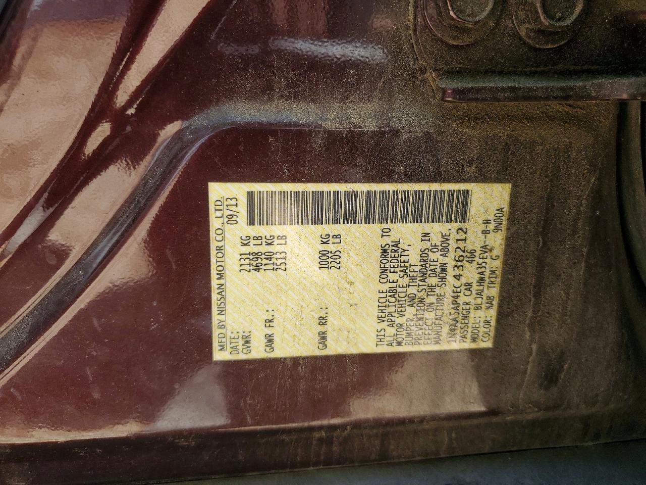 2014 Nissan Maxima 3.5 Sv Maroon vin: 1N4AA5AP4EC436212