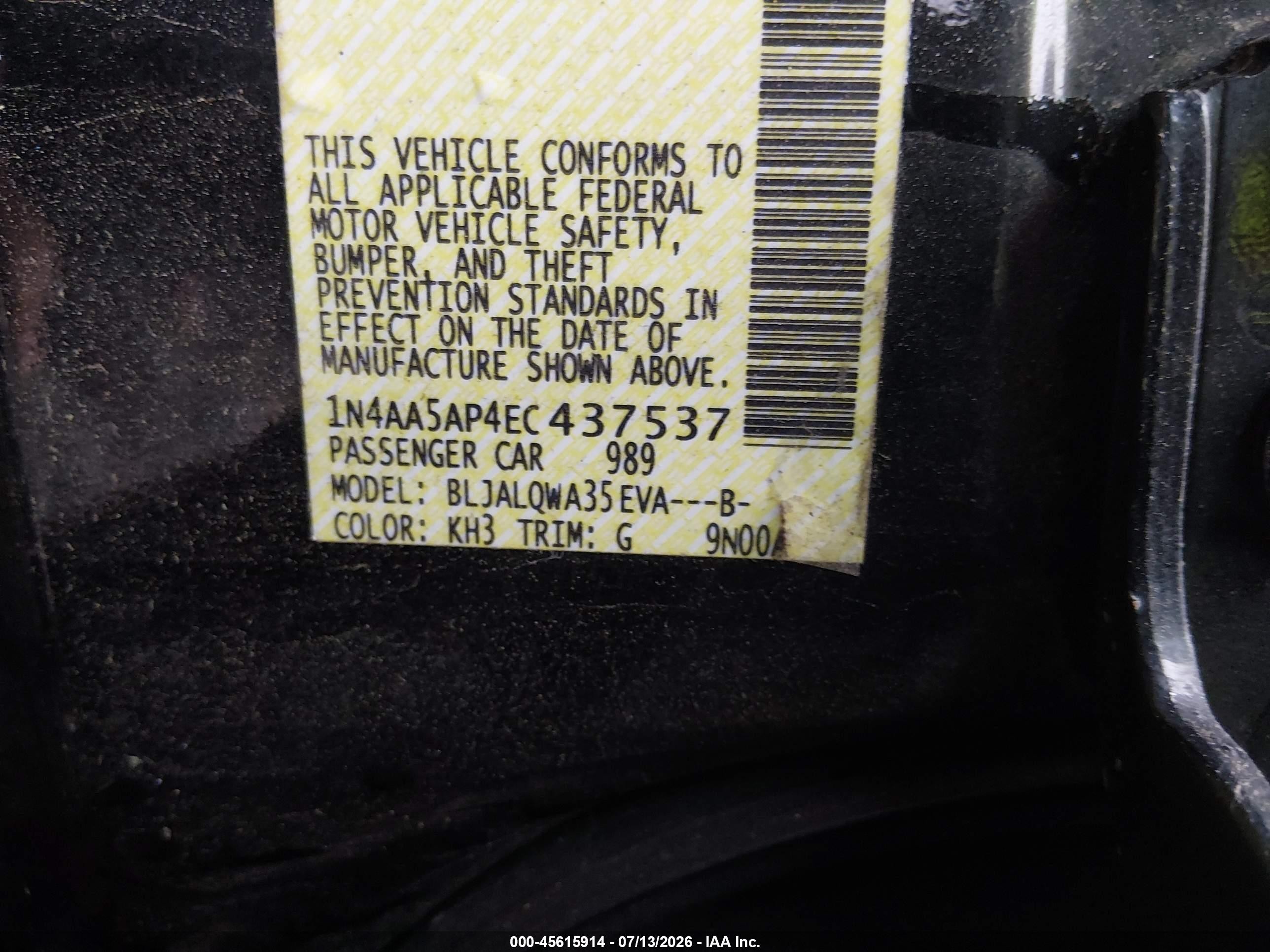 2014 Nissan Maxima 3.5 S Black vin: 1N4AA5AP4EC437537