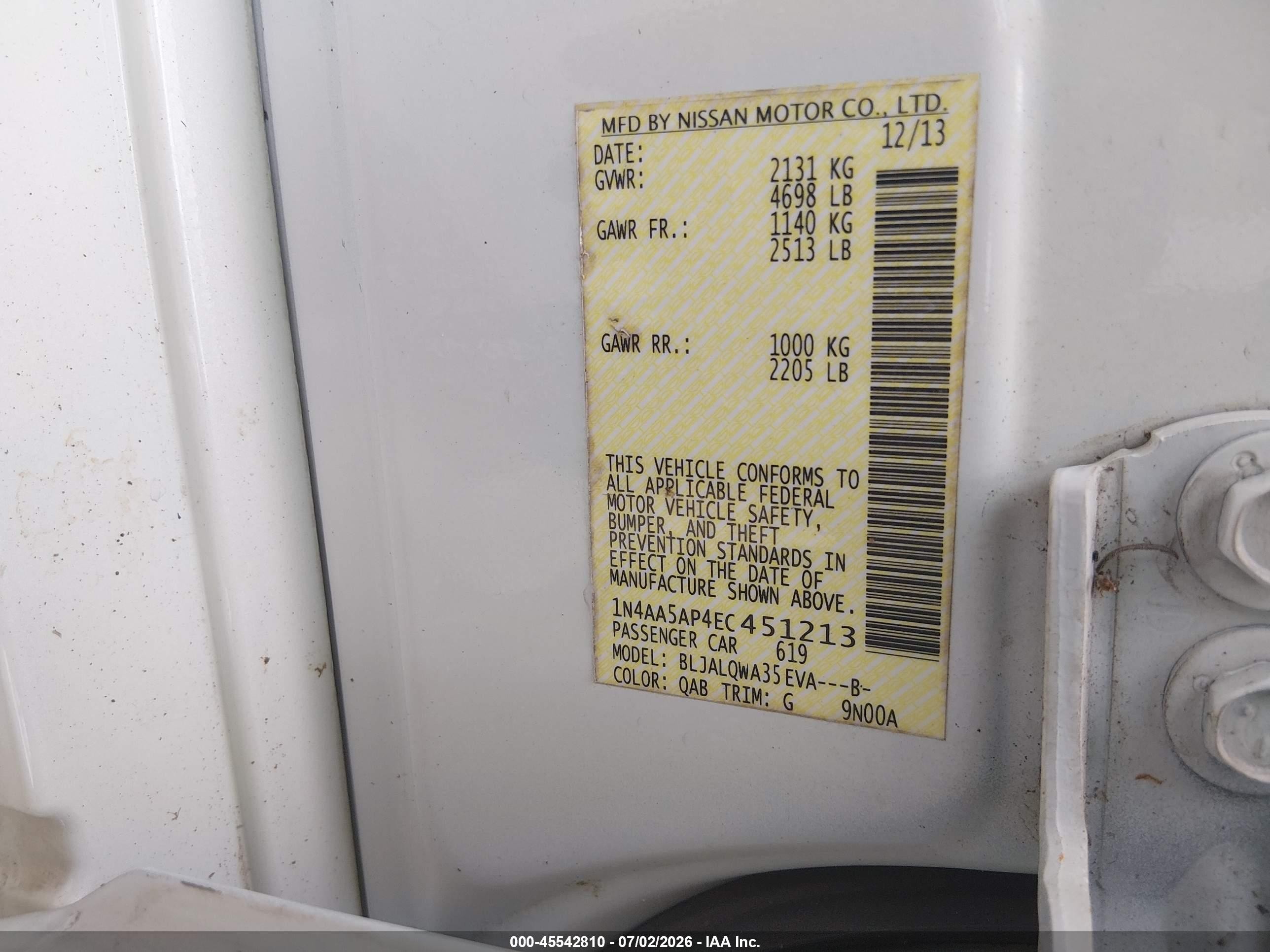 2014 Nissan Maxima 3.5 S White vin: 1N4AA5AP4EC451213