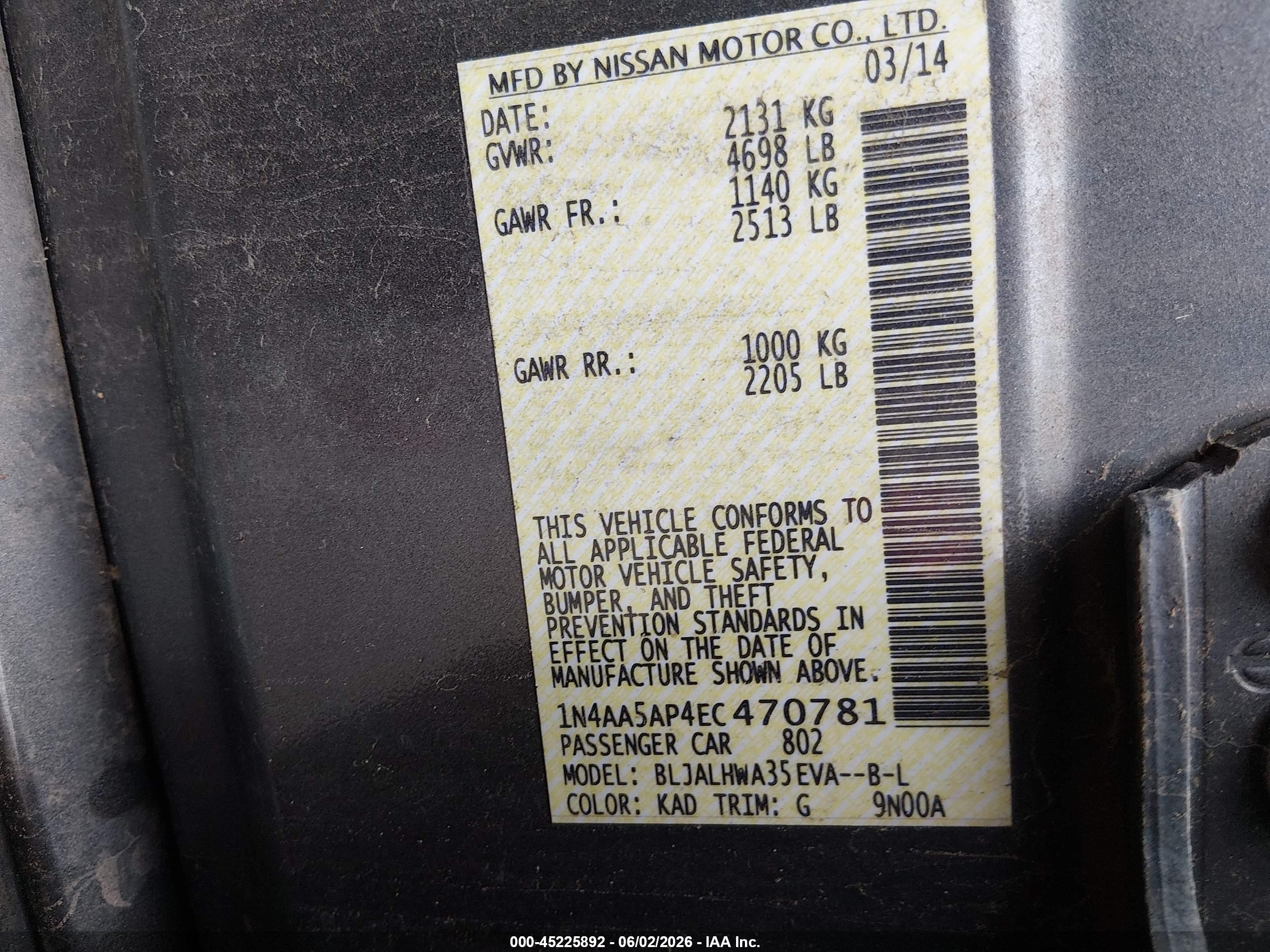 2014 Nissan Maxima 3.5 Sv Gray vin: 1N4AA5AP4EC470781