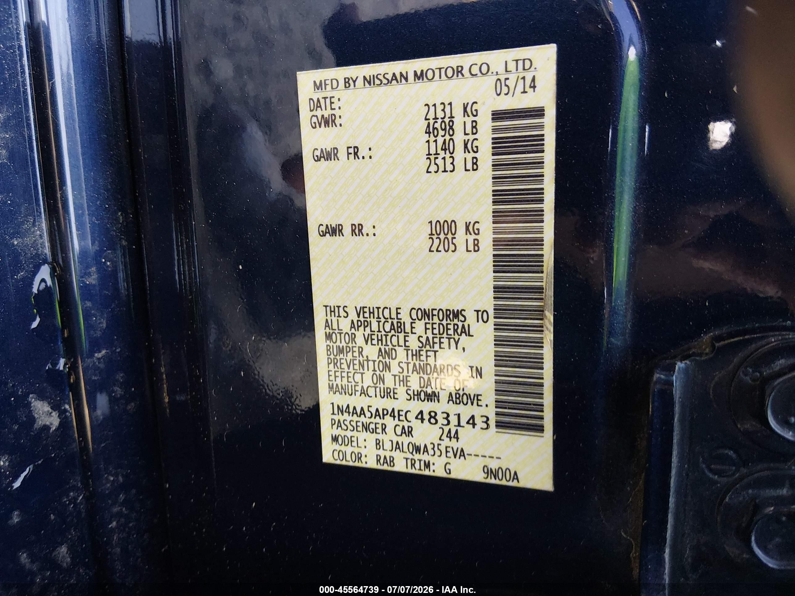 2014 Nissan Maxima 3.5 S/3.5 Sv Dark Blue vin: 1N4AA5AP4EC483143