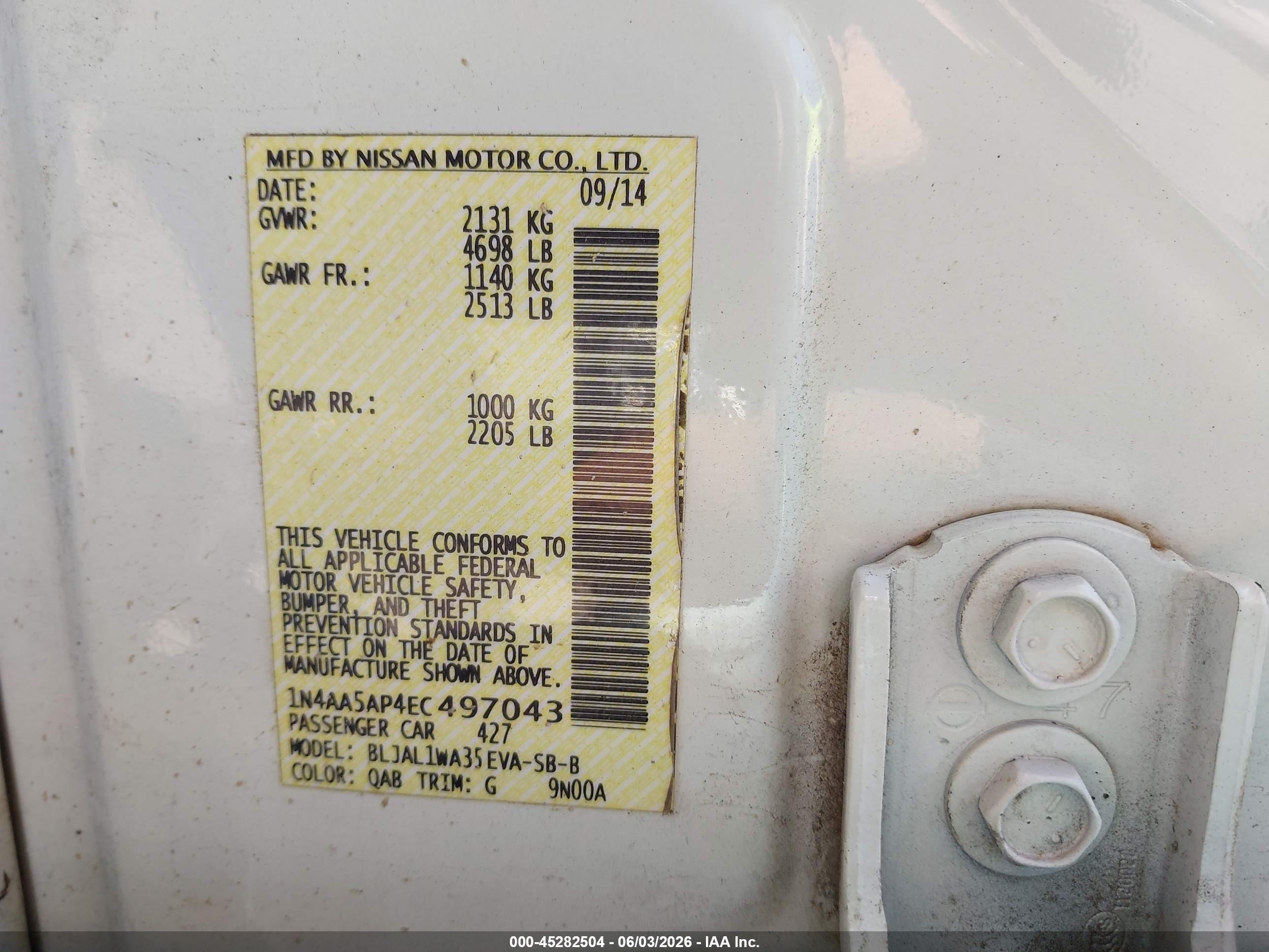 2014 Nissan Maxima 3.5 Sv White vin: 1N4AA5AP4EC497043