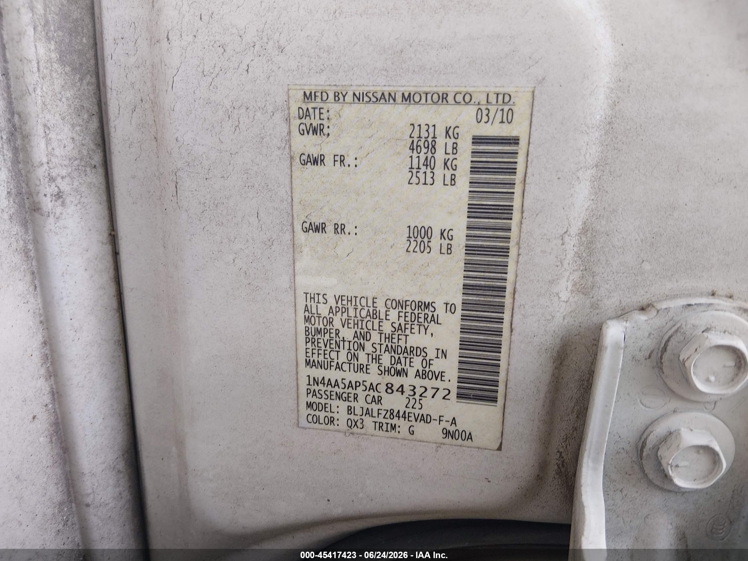 2010 Nissan Maxima 3.5 Sv White vin: 1N4AA5AP5AC843272