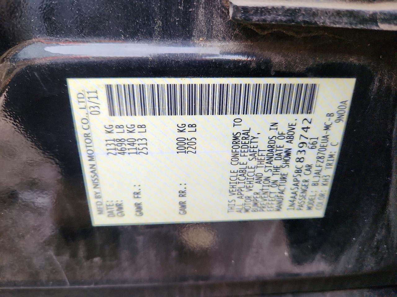 2011 Nissan Maxima 3.5 S Black vin: 1N4AA5AP5BC839742
