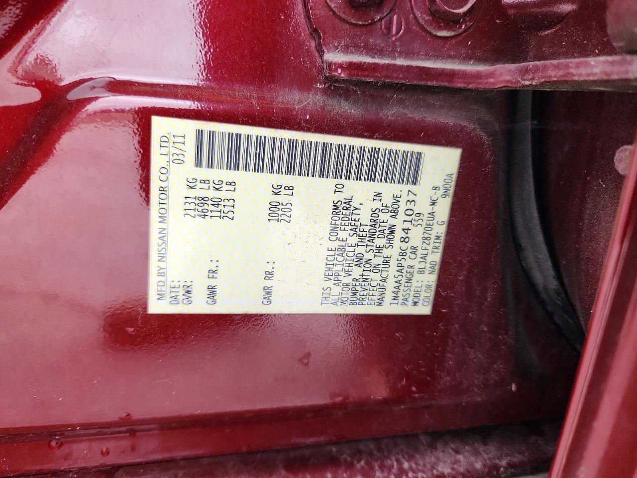 2011 Nissan Maxima 3.5 S Burgundy vin: 1N4AA5AP5BC841037