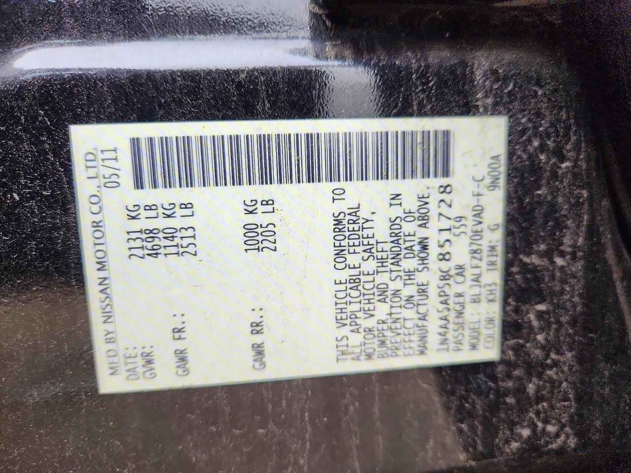 2011 Nissan Maxima 3.5 S Black vin: 1N4AA5AP5BC851728