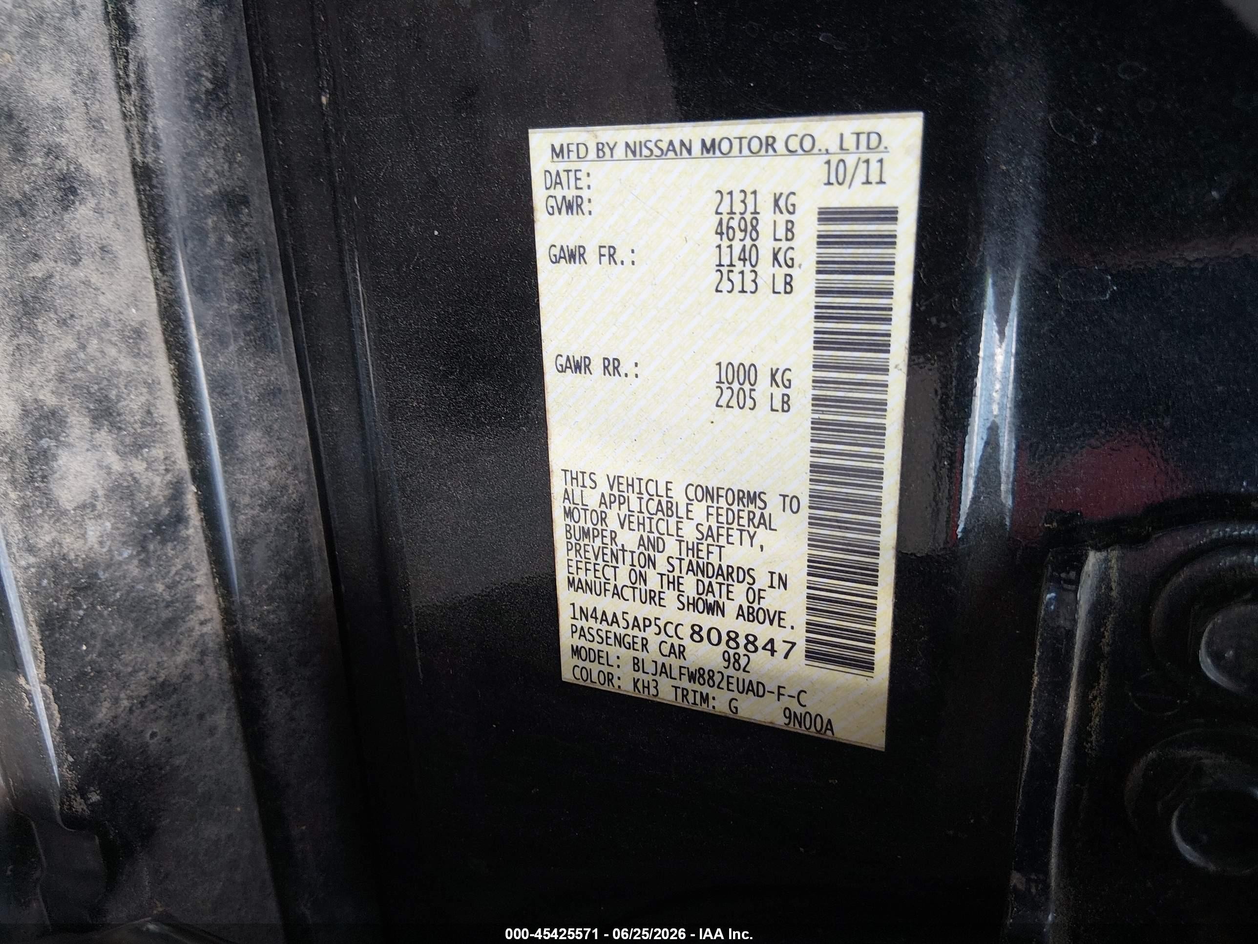 2012 Nissan Maxima 3.5 Sv Black vin: 1N4AA5AP5CC808847
