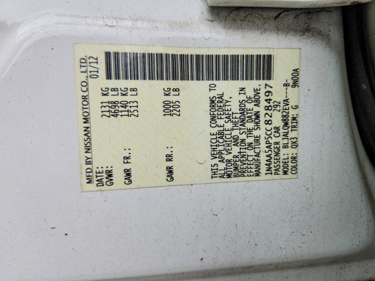 2012 Nissan Maxima 3.5 S White vin: 1N4AA5AP5CC828497