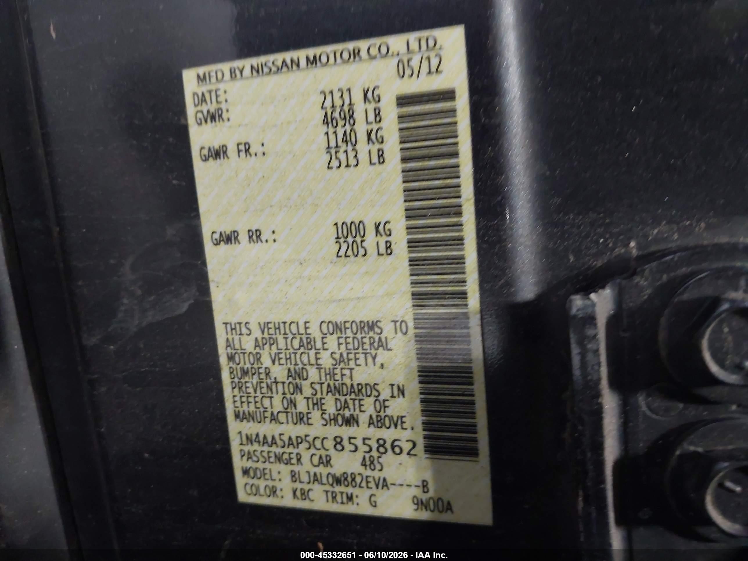 2012 Nissan Maxima 3.5 S Black vin: 1N4AA5AP5CC855862