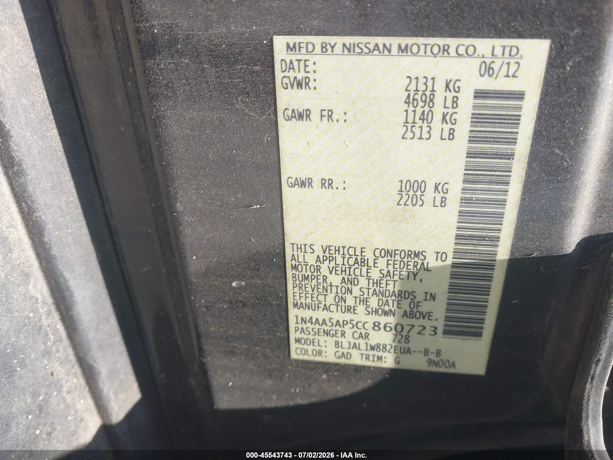 2012 Nissan Maxima 3.5 Sv Purple vin: 1N4AA5AP5CC860723