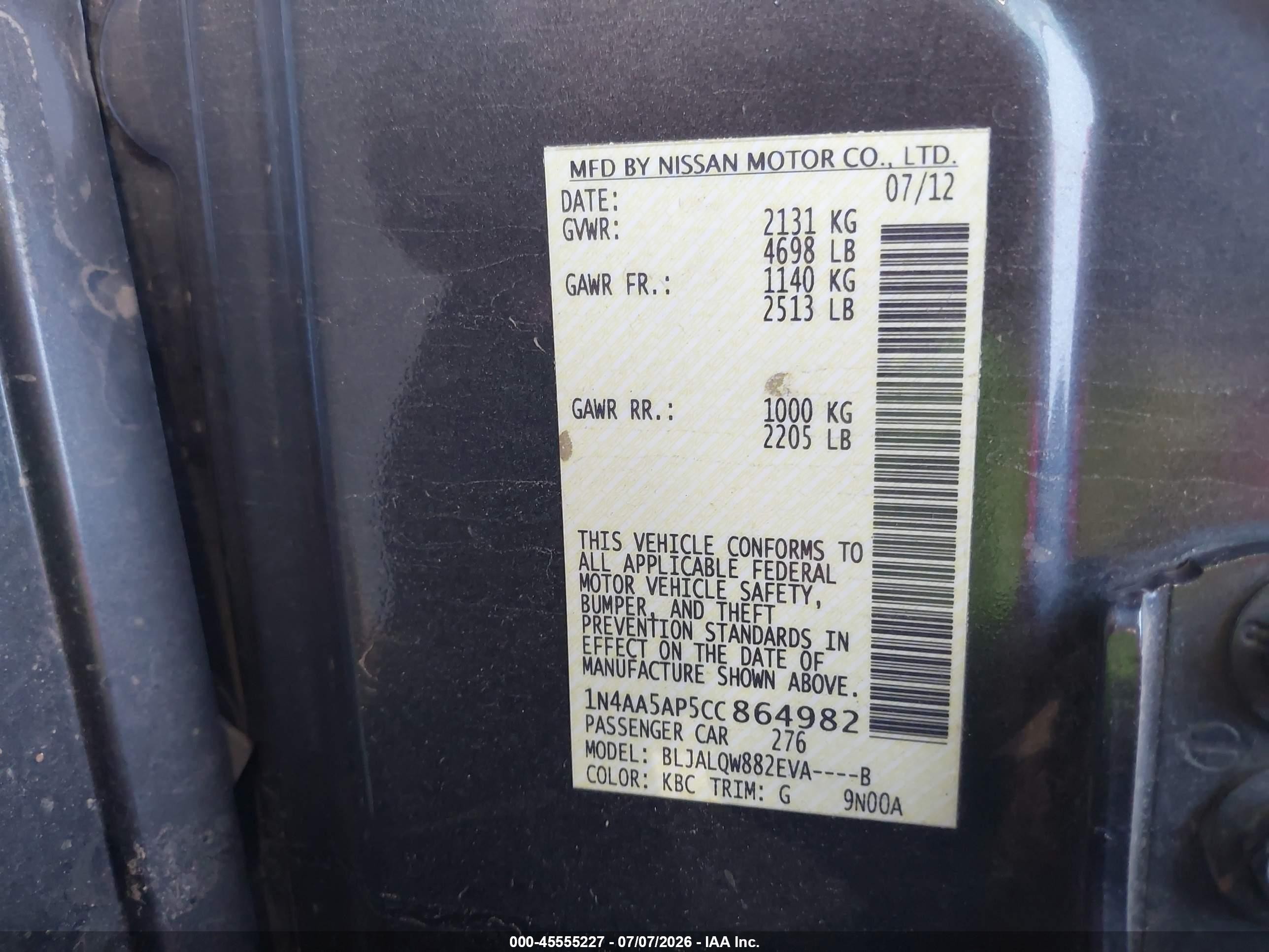 2012 Nissan Maxima 3.5 S Черный vin: 1N4AA5AP5CC864982