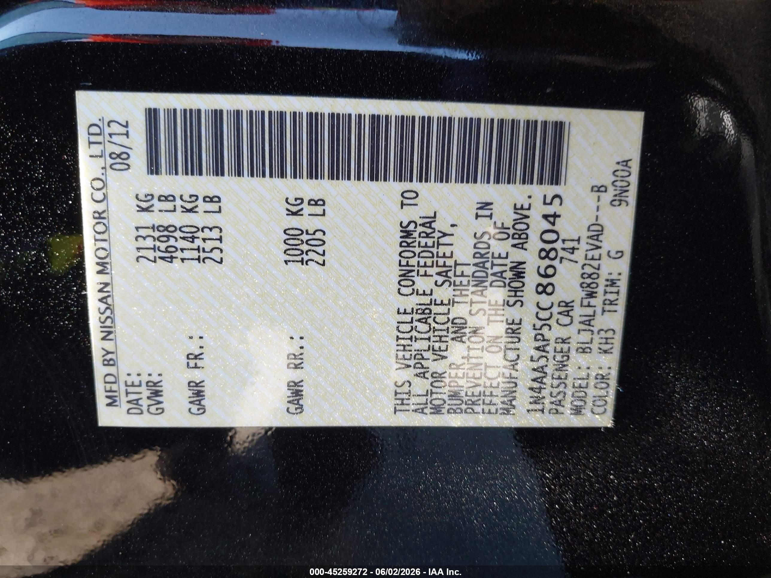2012 Nissan Maxima 3.5 Sv Black vin: 1N4AA5AP5CC868045