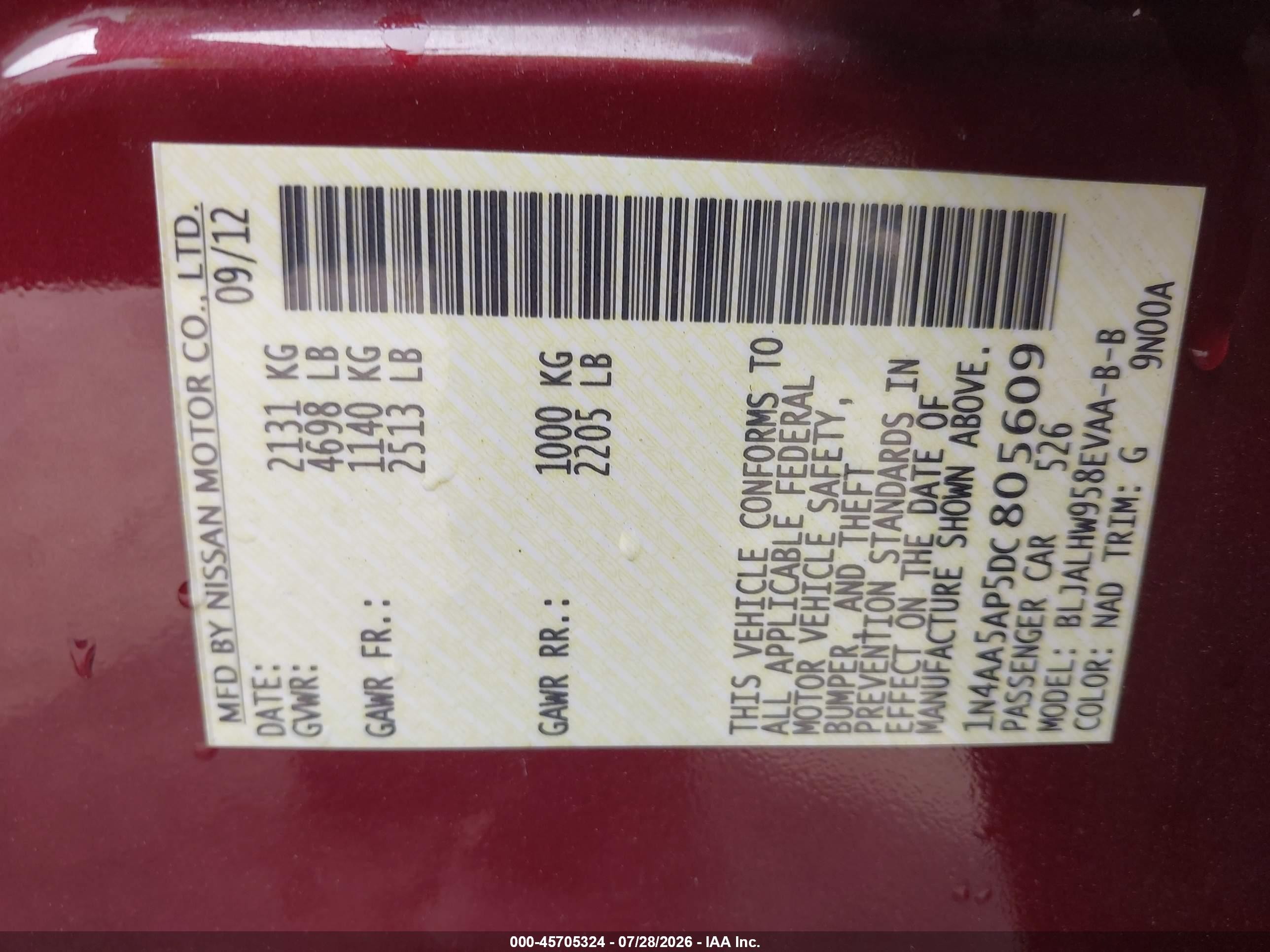 2013 Nissan Maxima 3.5 Sv Burgundy vin: 1N4AA5AP5DC805609