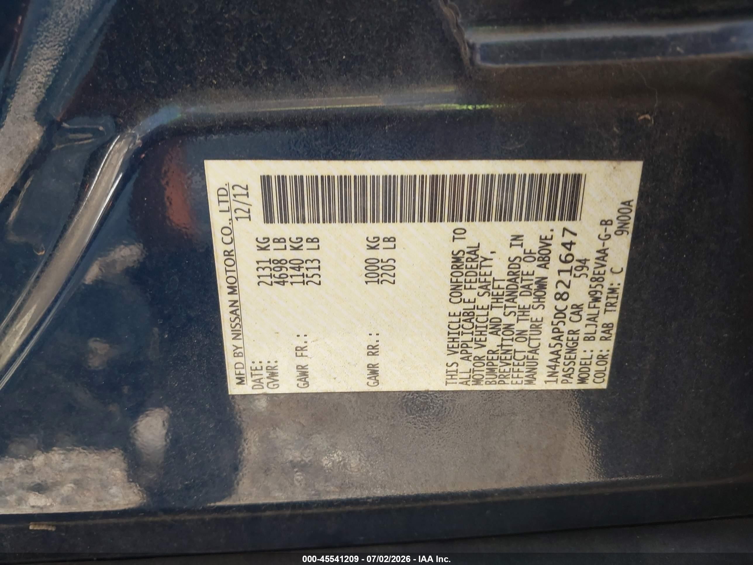 2013 Nissan Maxima 3.5 Sv Blue vin: 1N4AA5AP5DC821647