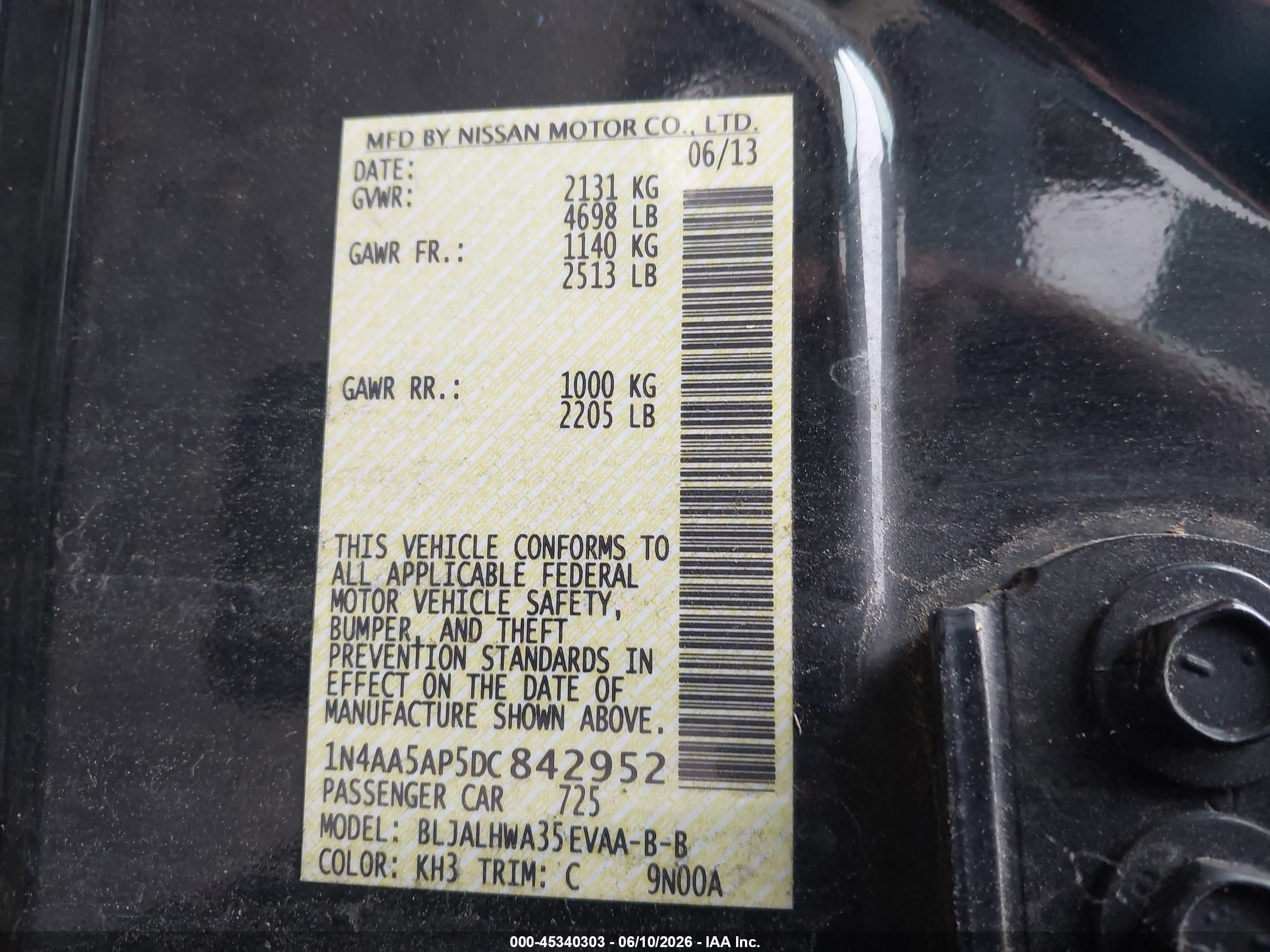 2013 Nissan Maxima 3.5 Sv Black vin: 1N4AA5AP5DC842952