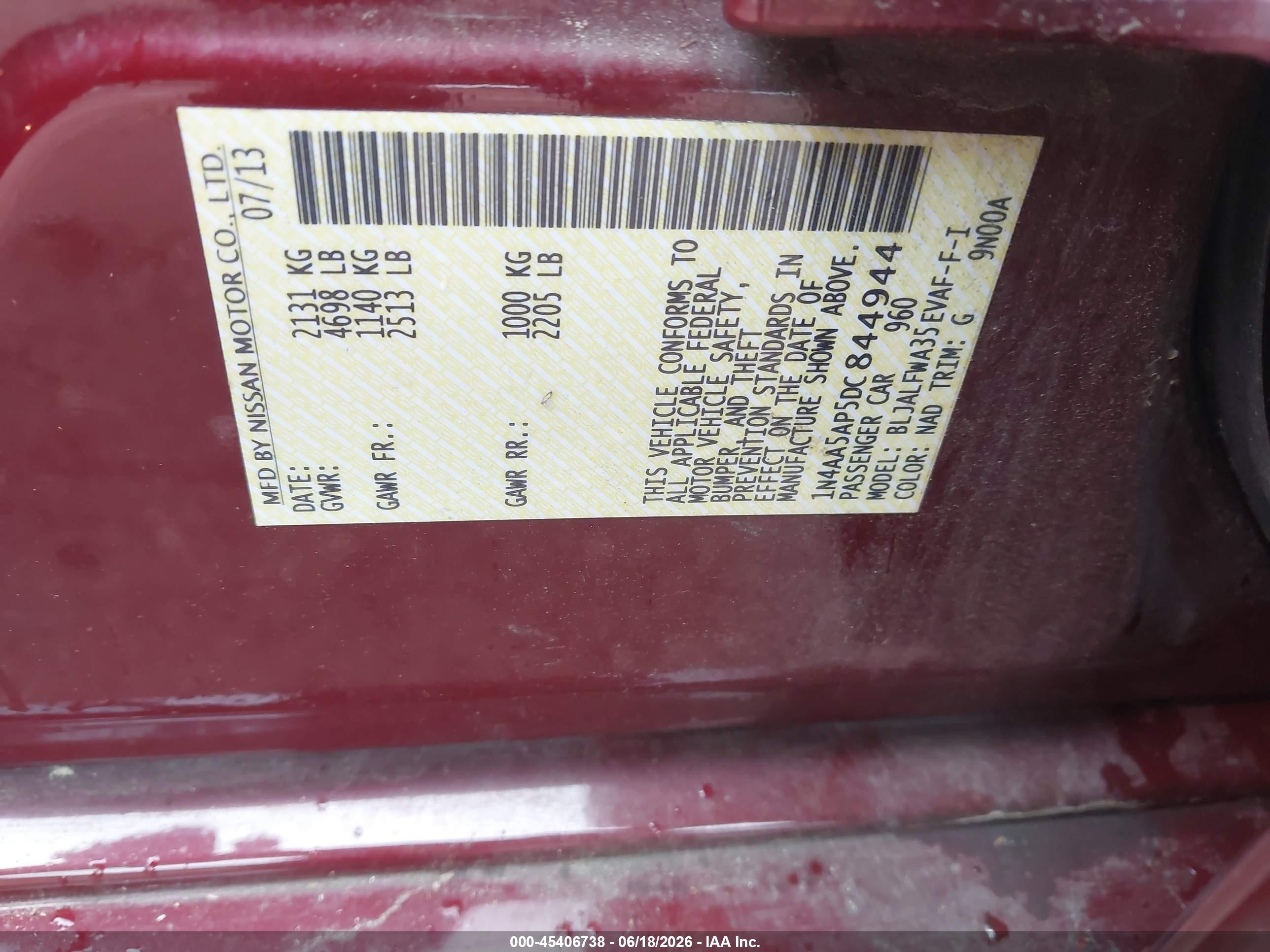 2013 Nissan Maxima 3.5 Sv Maroon vin: 1N4AA5AP5DC844944